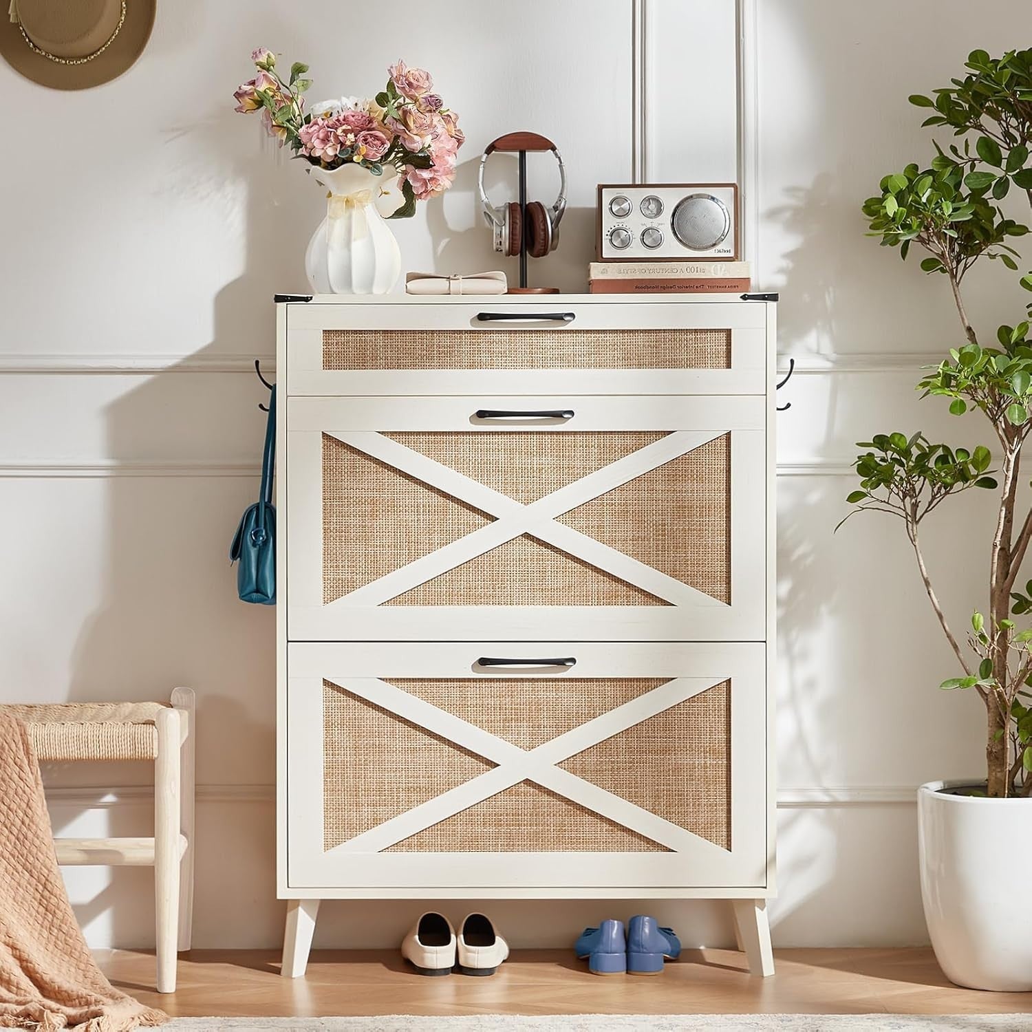 Slim White Shoe Cabinet with Bamboo Mesh – Stylish, Space-Saving Storage