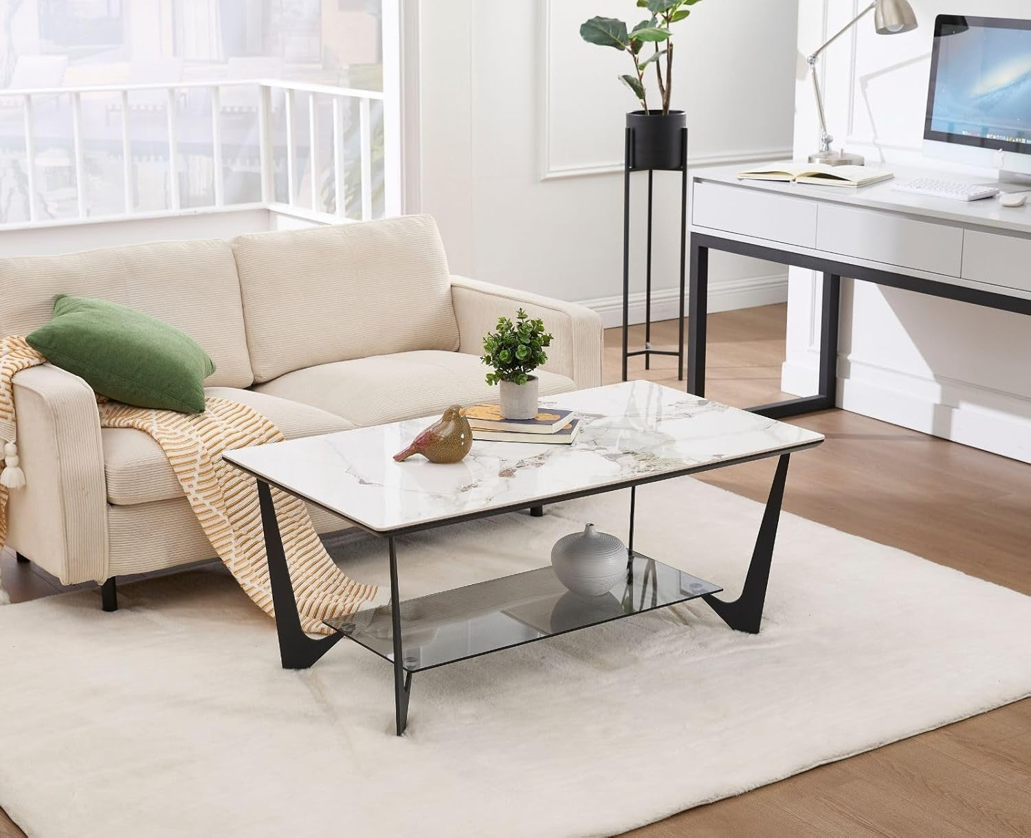 Modern Marble Effect Coffee Table with Glass Shelf & Metal Legs – 110x60cm