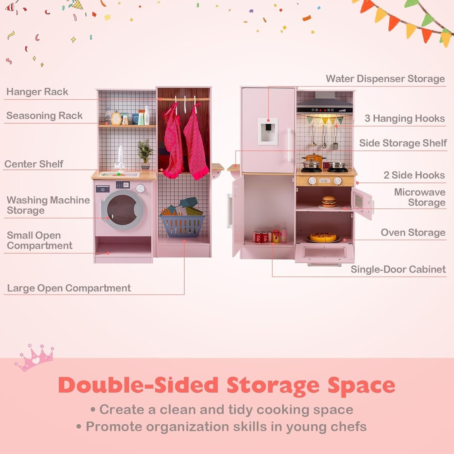 Kids Wooden Play Kitchen Laundry Set Lights Sounds Pink Toy Kitchen