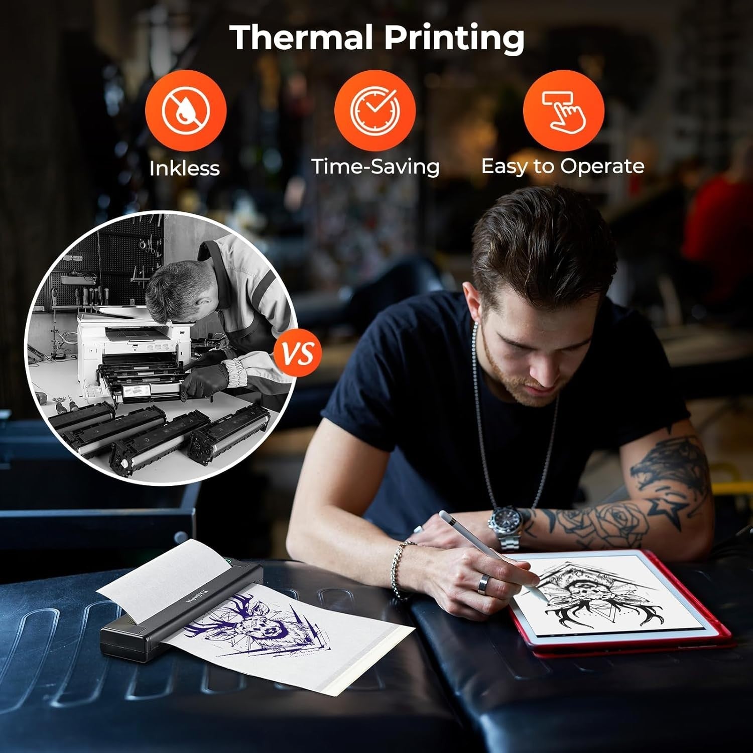 Black Wireless Thermal Tattoo Stencil Printer Portable Kit for Artists