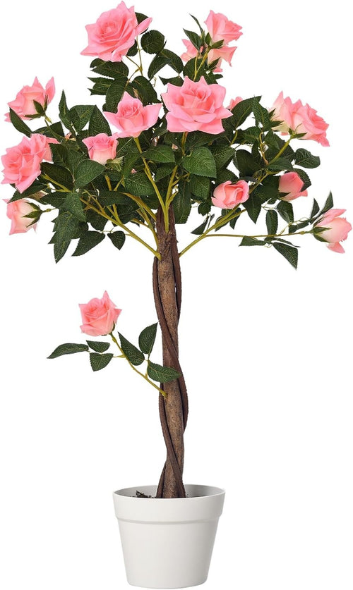 Artificial Rose Tree 90cm / 3ft Pink Faux Flower Plant Potted Home Garden Decor
