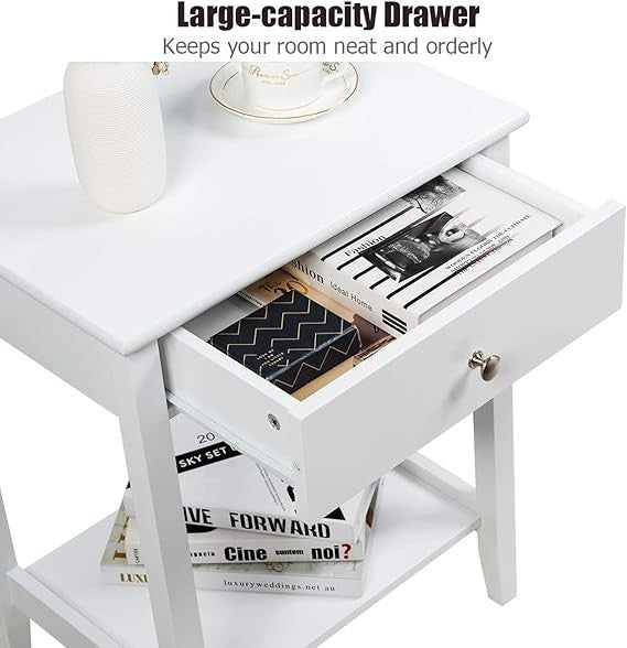 White Wooden Bedside Table with Drawer & Shelf | Compact Modern Nightstand