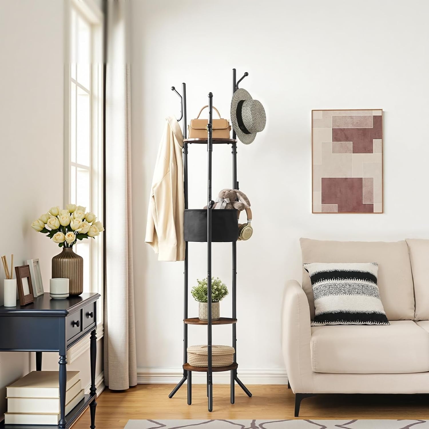 Rustic Brown Black Coat Rack with Shelves | Freestanding Hall Tree Organizer Sta