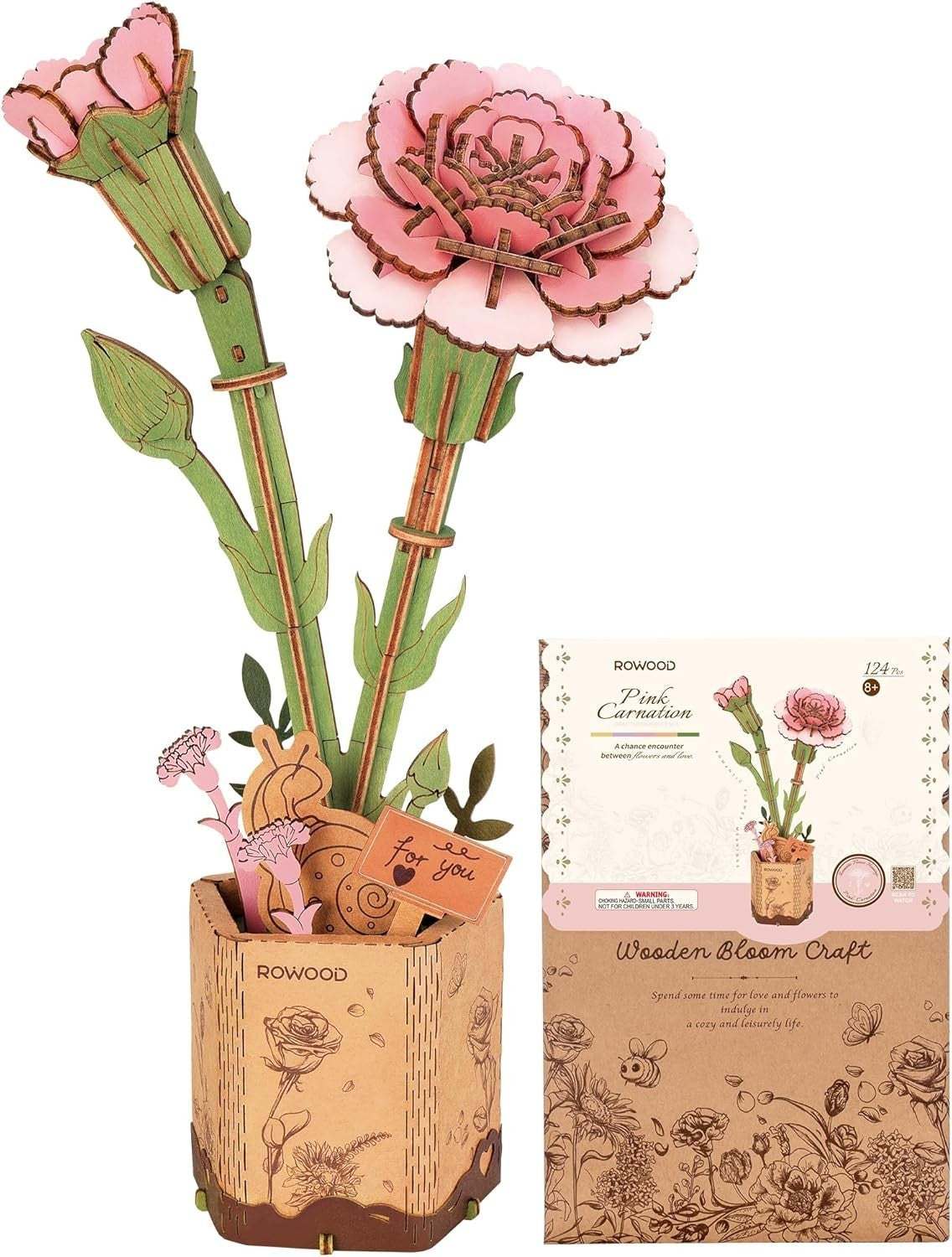 DIY 3D Wooden Pink Carnation Flower Puzzle Kit – Creative Gift & Decor
