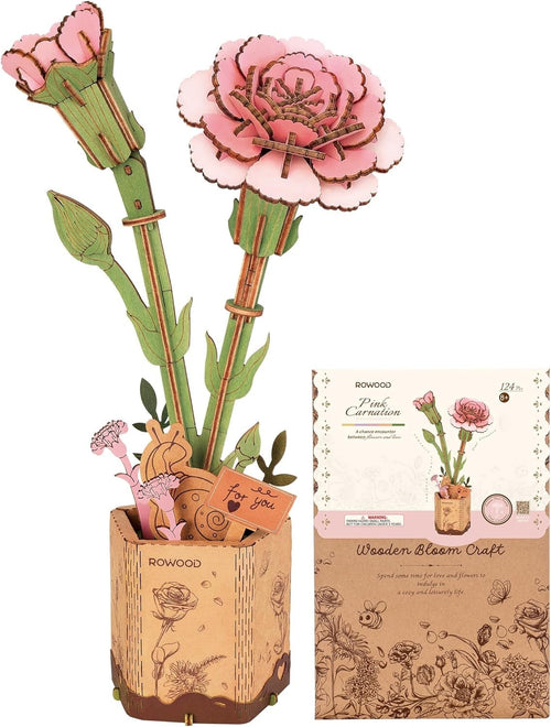 DIY 3D Wooden Pink Carnation Flower Puzzle Kit – Creative Gift & Decor