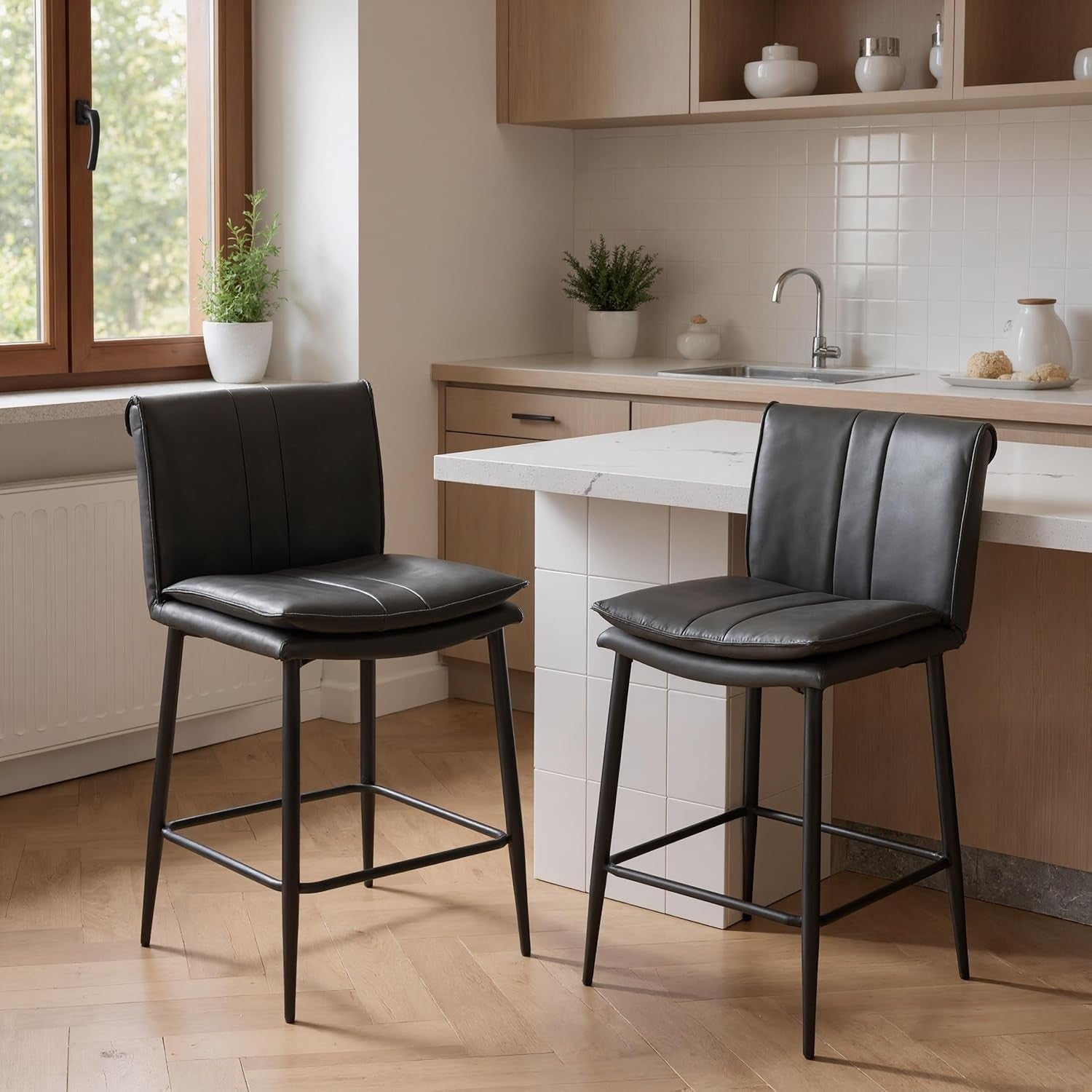 Grey Bar Stools Set of 2 PU Leather Counter Chairs with Footrest