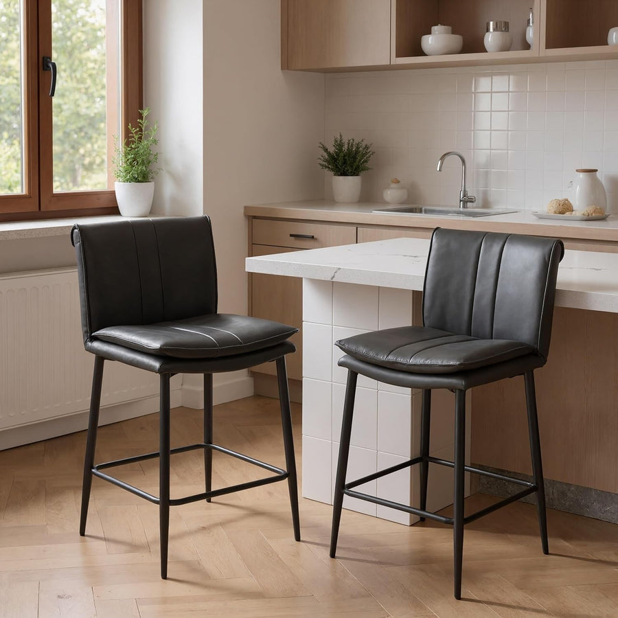 Grey Bar Stools Set of 2 PU Leather Counter Chairs with Footrest