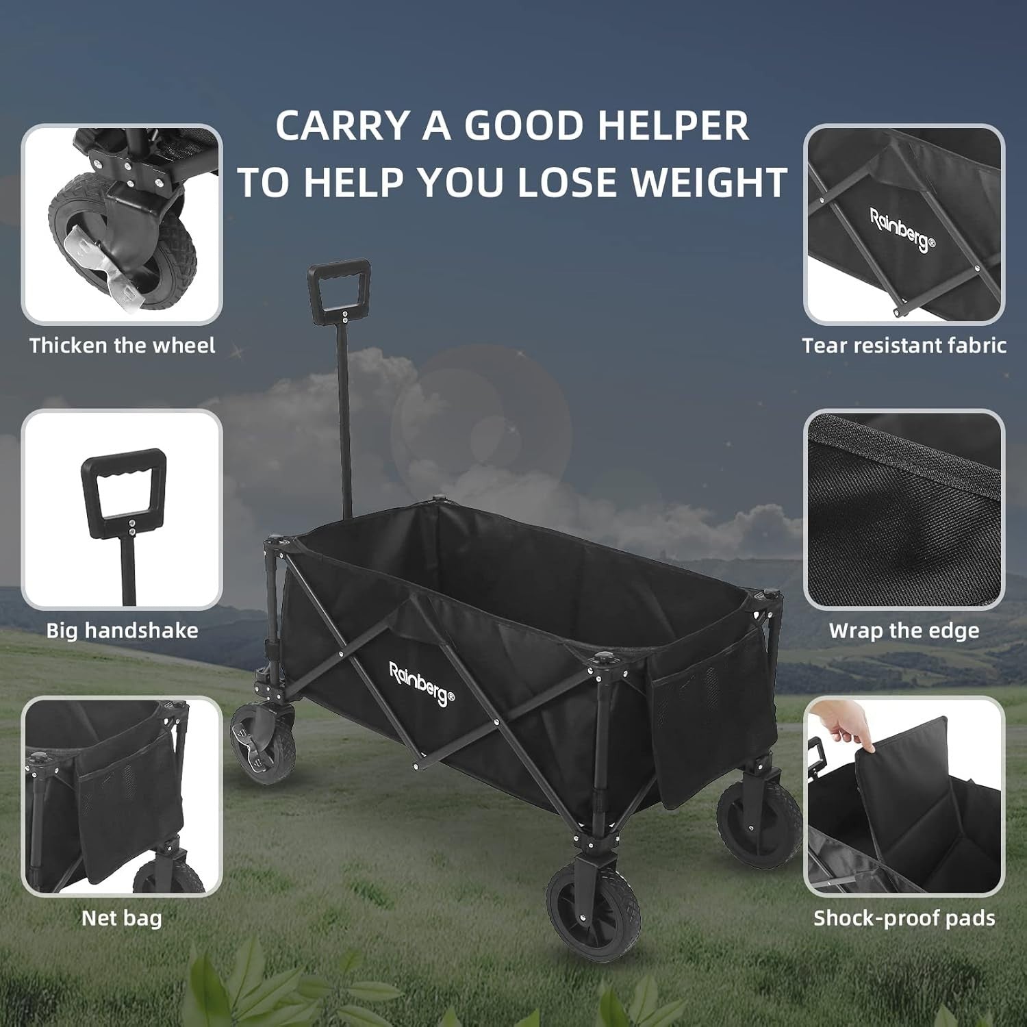 Black Folding Camping Wagon 120kg Trolley w/ Table Top, Adjustable Handle & Bag