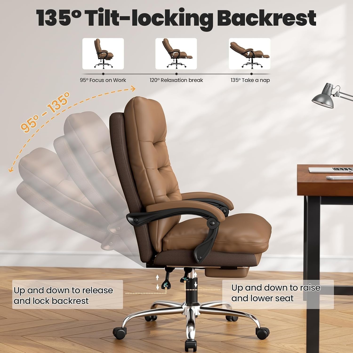Big & Tall Ergonomic Office Chair Executive Adjustable Footrest Brown Faux Leath