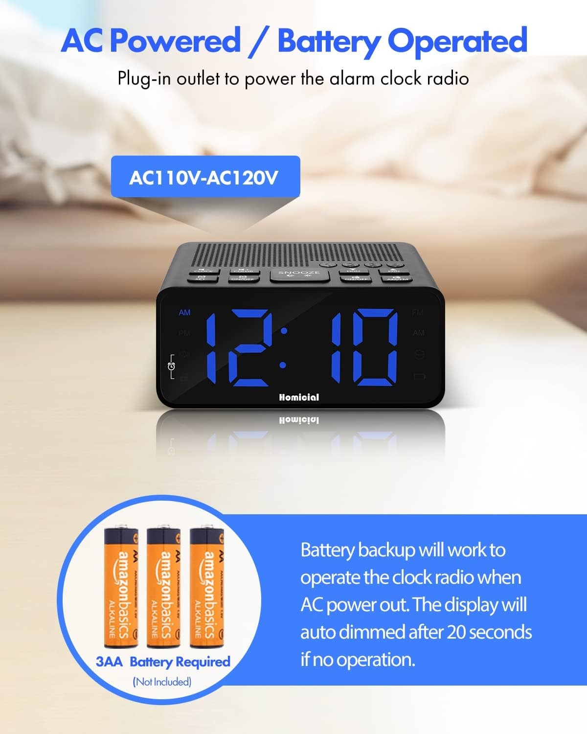 Digital Alarm Clock FM Radio Large LED Display Snooze Black