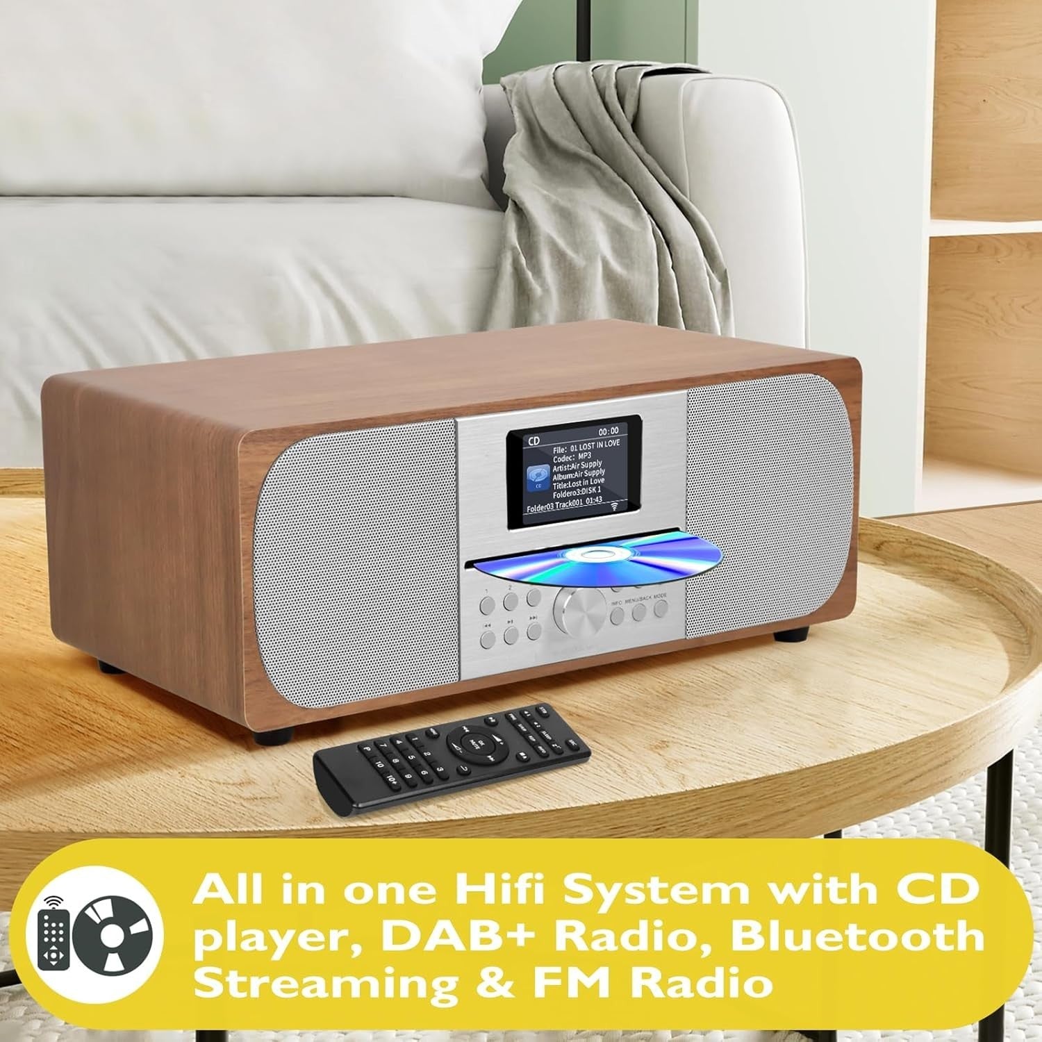 CD Player Hi-Fi System DAB+ Bluetooth 100W Stereo Wood Cabinet