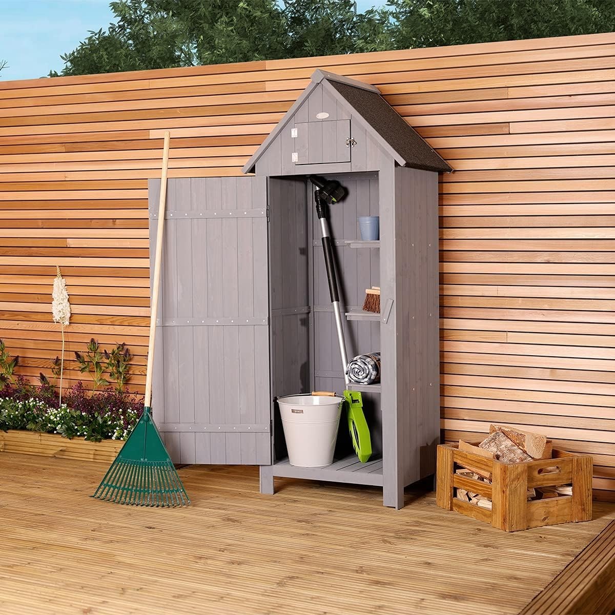 Slim Wooden Garden Storage Shed Tall Outdoor Tool Hutch with Shelves, Lock 179cm