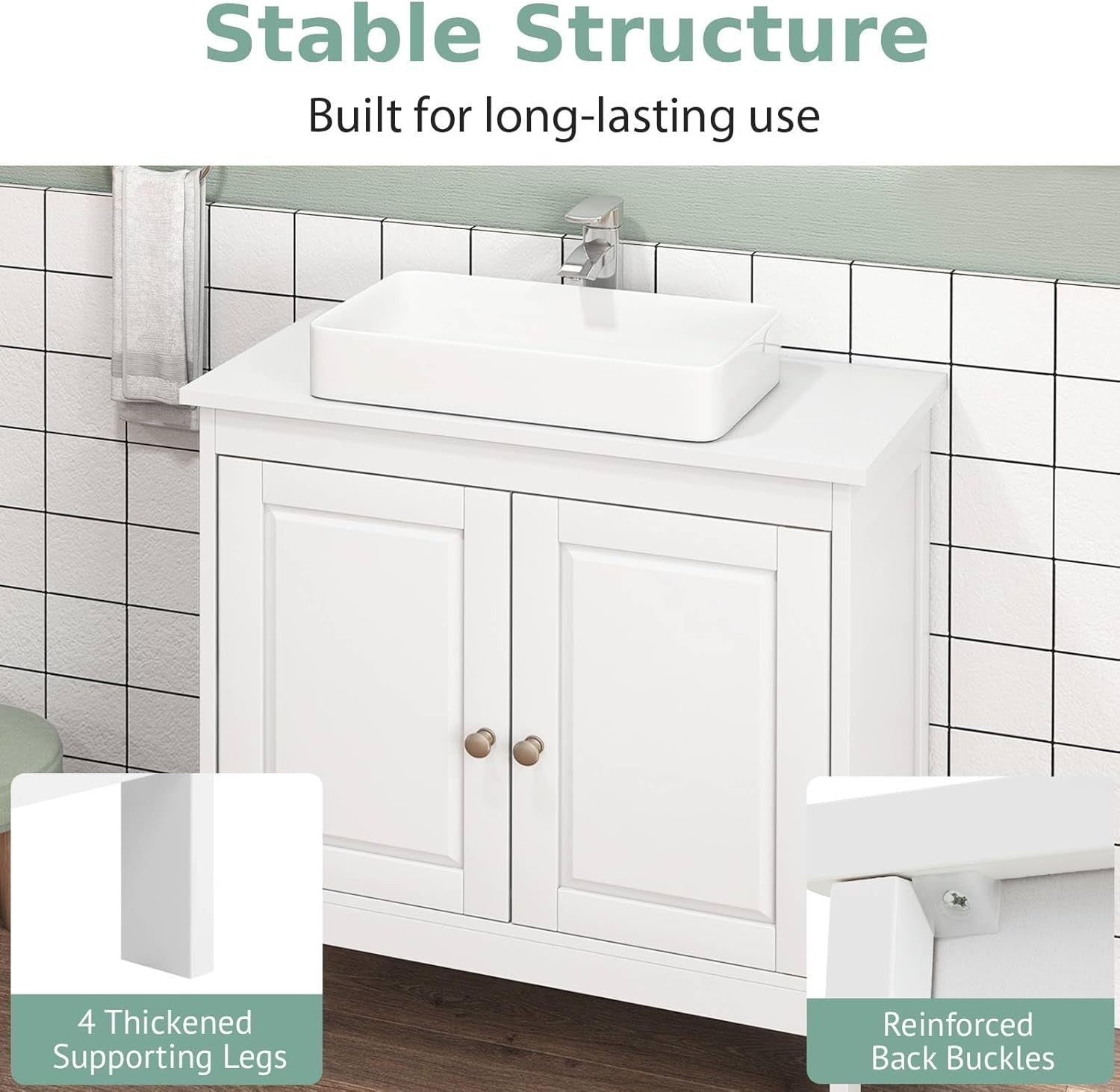 White Under Sink Bathroom Cabinet with Shelf & Long Legs – Freestanding Unit