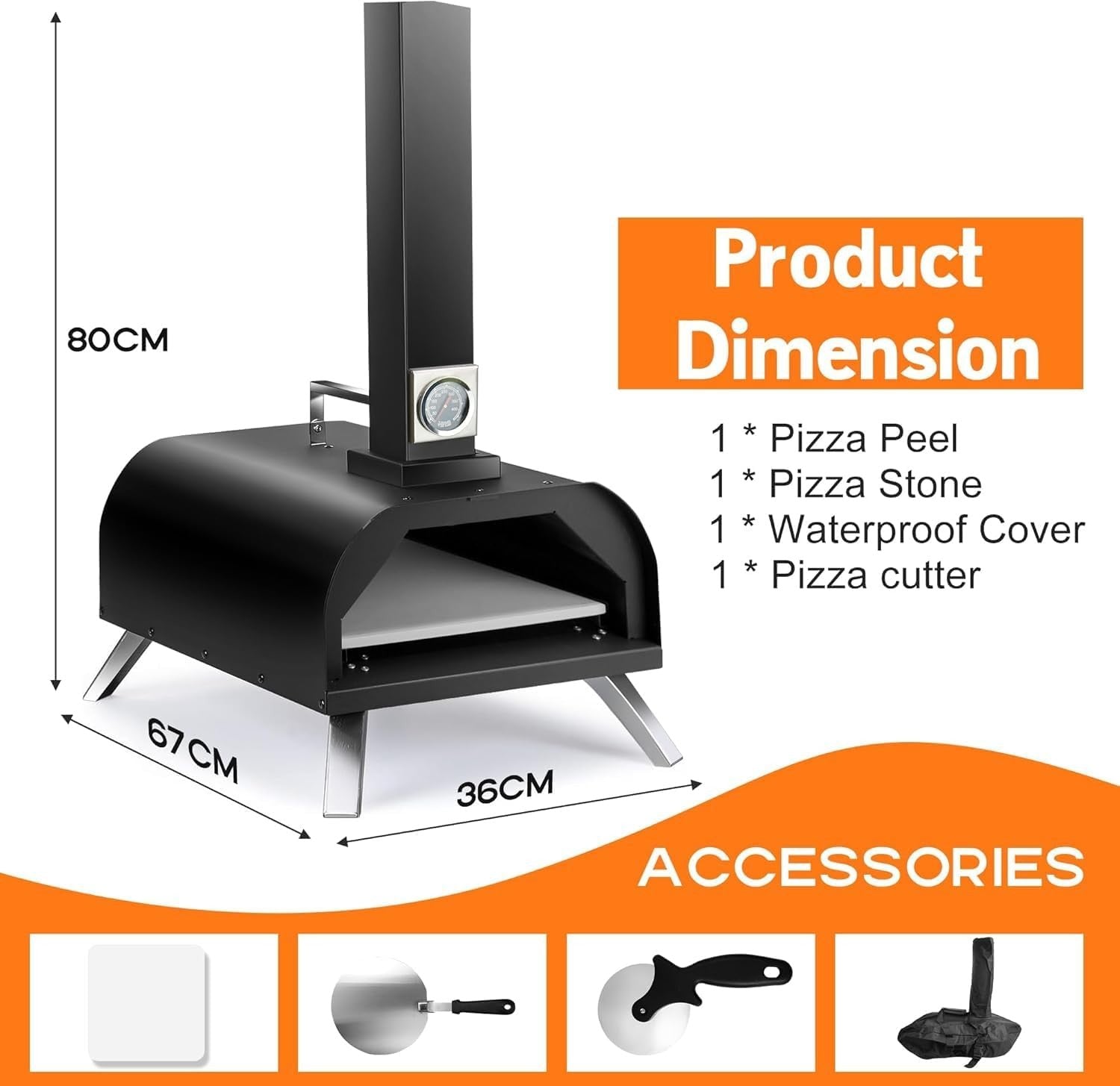 12" Outdoor Wood Fired Pizza Oven | Portable Pellet BBQ Grill w/ Peel & Cover