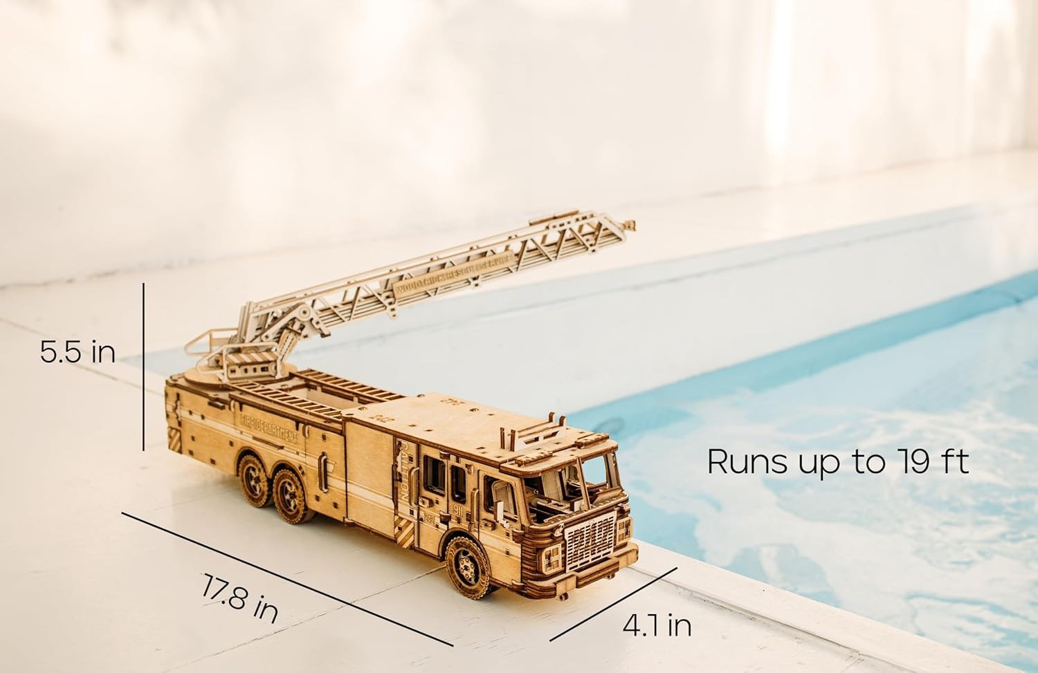 3D Wooden Firetruck Puzzle Model Kit with Extendable Ladder, Mechanical