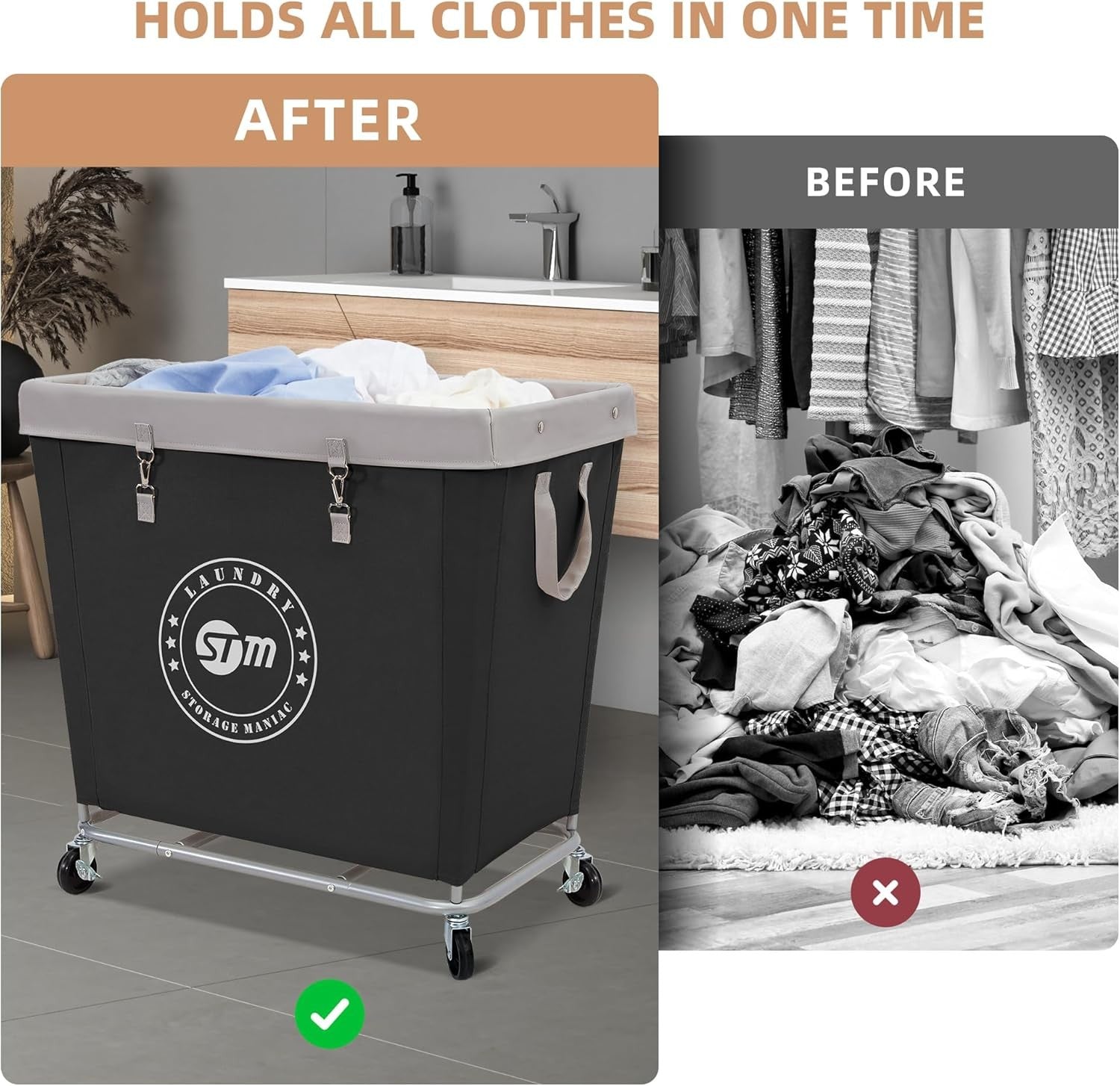 320L Commercial Laundry Hamper on Wheels | Heavy-Duty Steel Cart | Large Black B