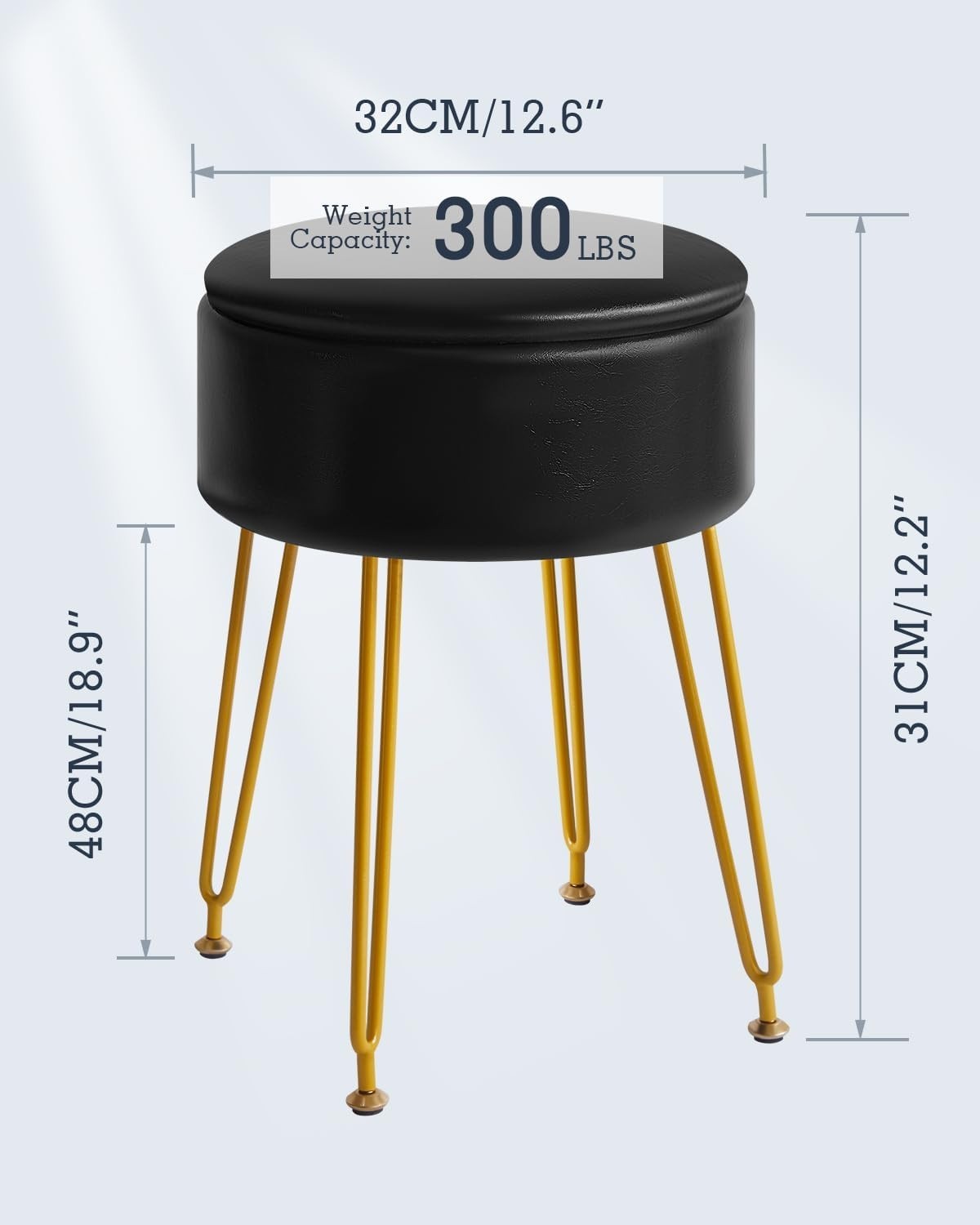 Black Faux Leather Round Stool with Storage – Vanity Seat & Footrest