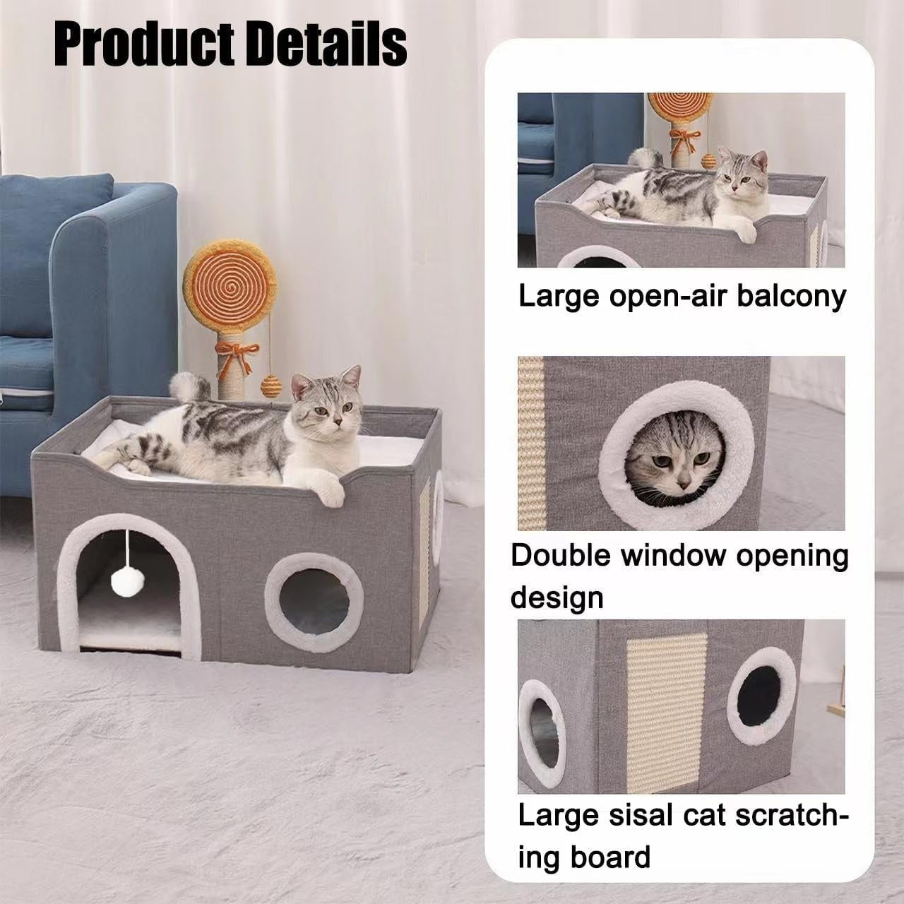 Foldable Cat House Cave Bed with Scratching Board 2 Tier Cat Condo