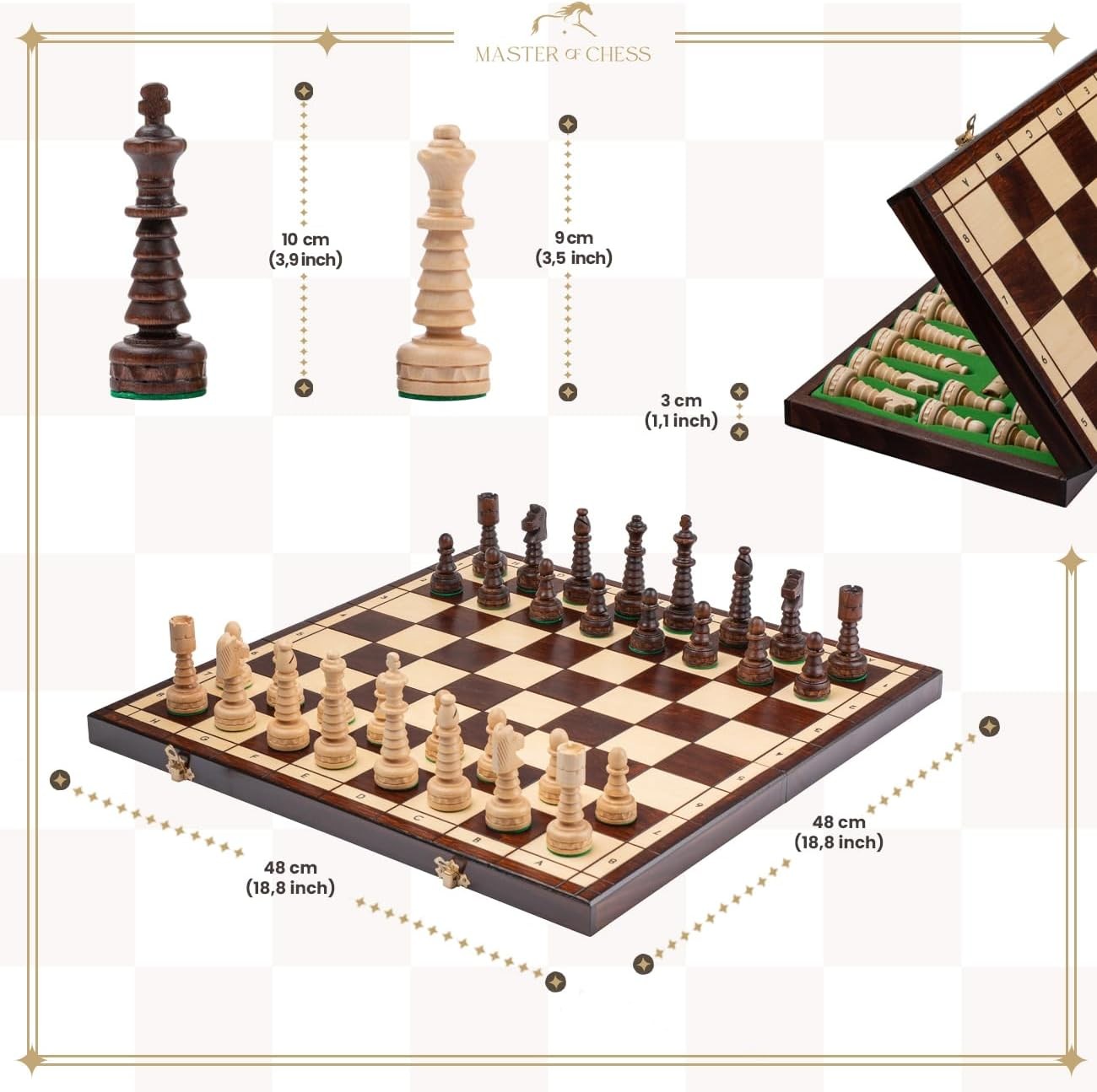 48cm Large Wooden Chess Set – Handcrafted Folding Board & Elegant Pieces