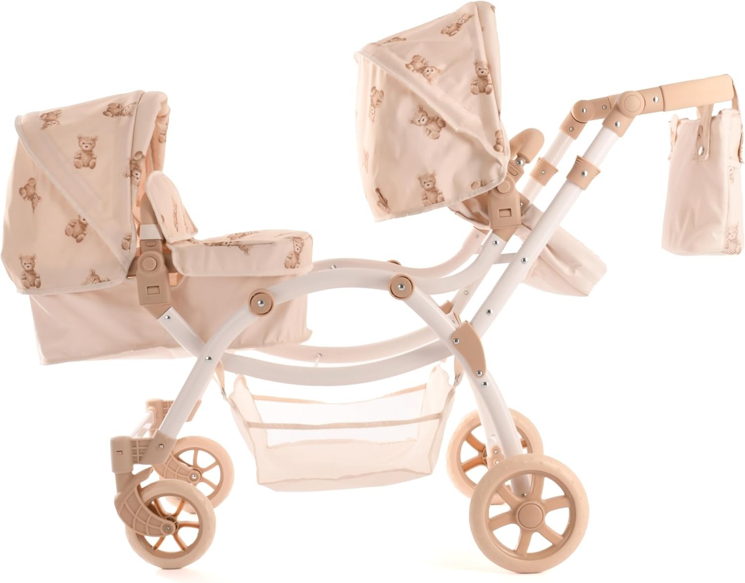 Twin Dolls Pram Adjustable Handle 50–88cm, 2 in 1 Carrycot Seats, Cream