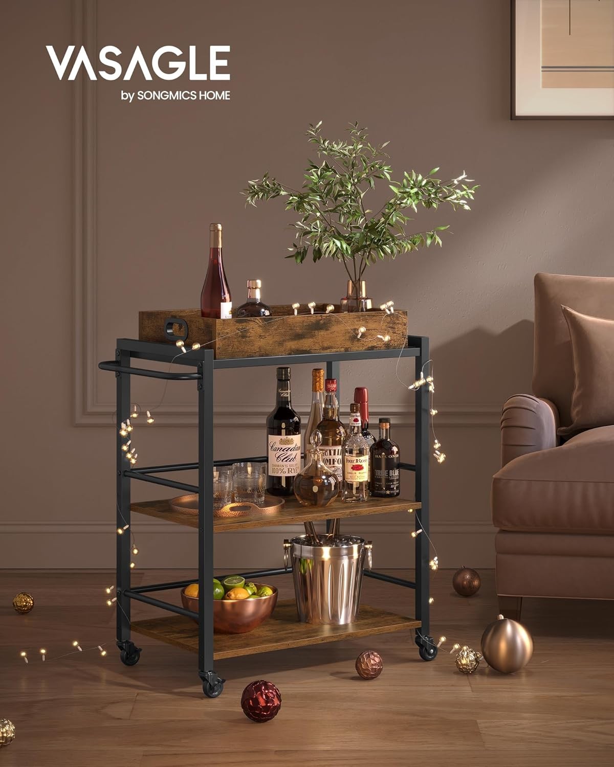 Kitchen Serving Cart on Wheels 3 Tier Utility Trolley with Removable Tray