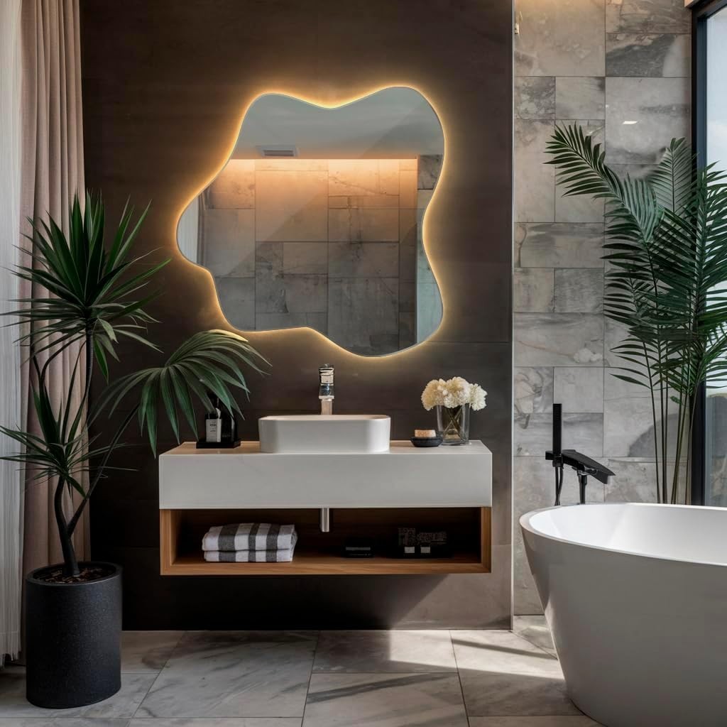 LED Illuminated Wavy Wall Mirror 77x76 cm Warm Light Modern Decor