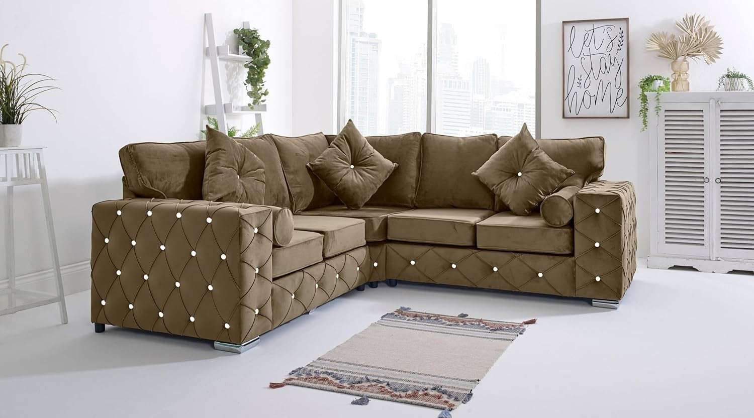 Mink Plush Velvet 5 Seater Corner Sofa With Extra Pillows – Diamond Tufted