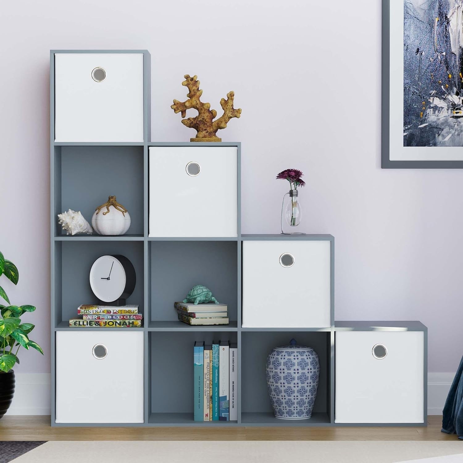 Grey 10 Cube Staircase Bookcase Shelf Unit + 5 White Storage Baskets Modern