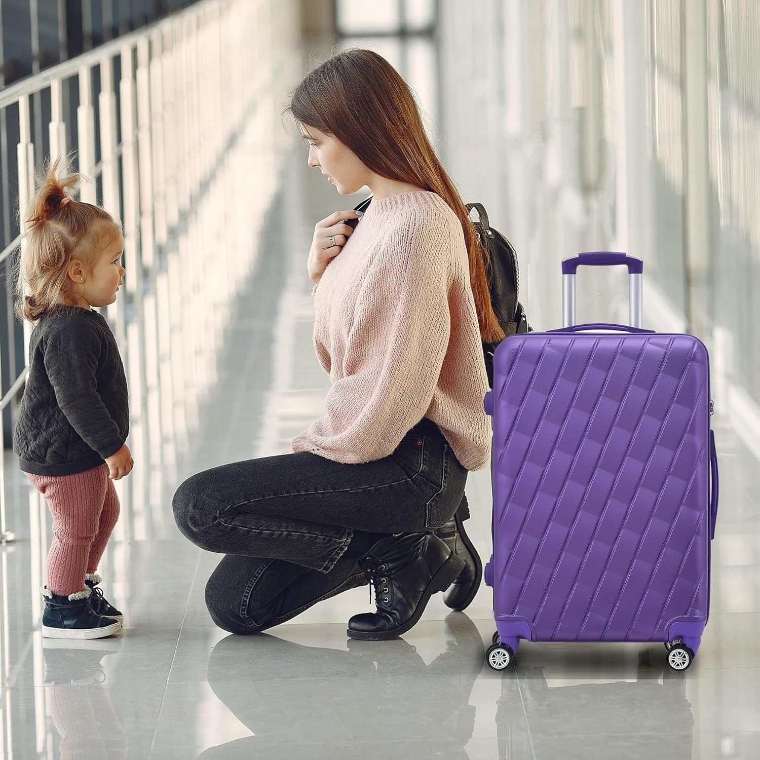 20 Inch Cabin Carry On Hard Shell Suitcase 4 Spinner Wheels Lock Purple