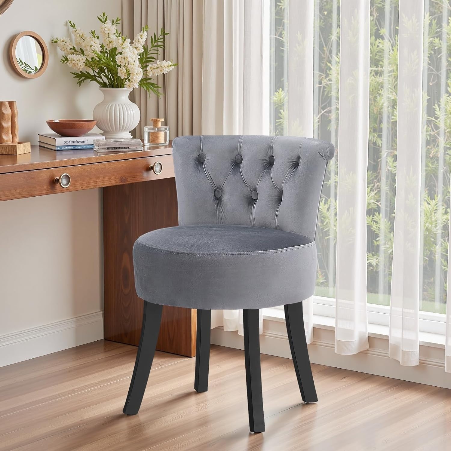Grey Velvet High-Back Vanity Stool with Wooden Legs – Comfy Dressing Chair