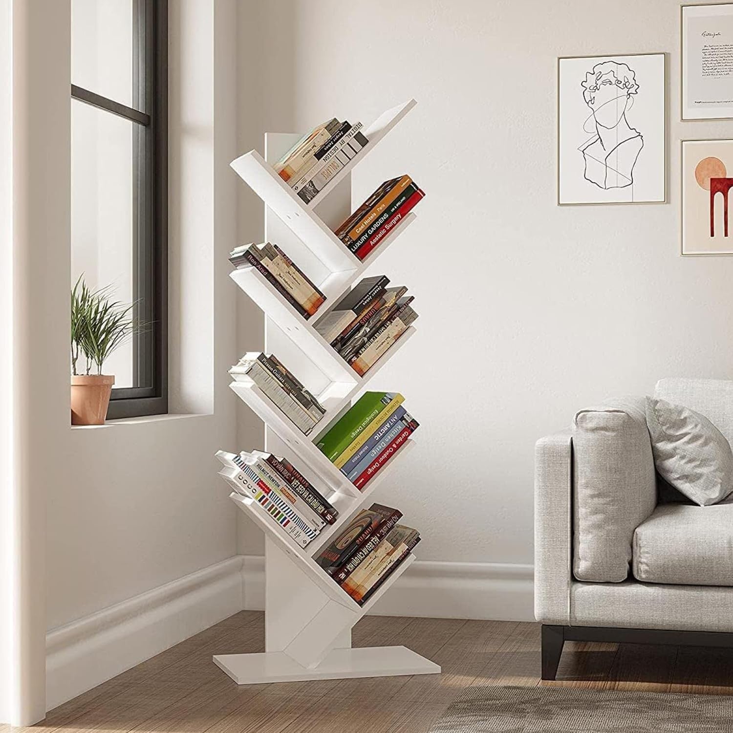 Tall White Tree Bookshelf | 9-Tier Modern Space-Saving Bookcase for Living Room