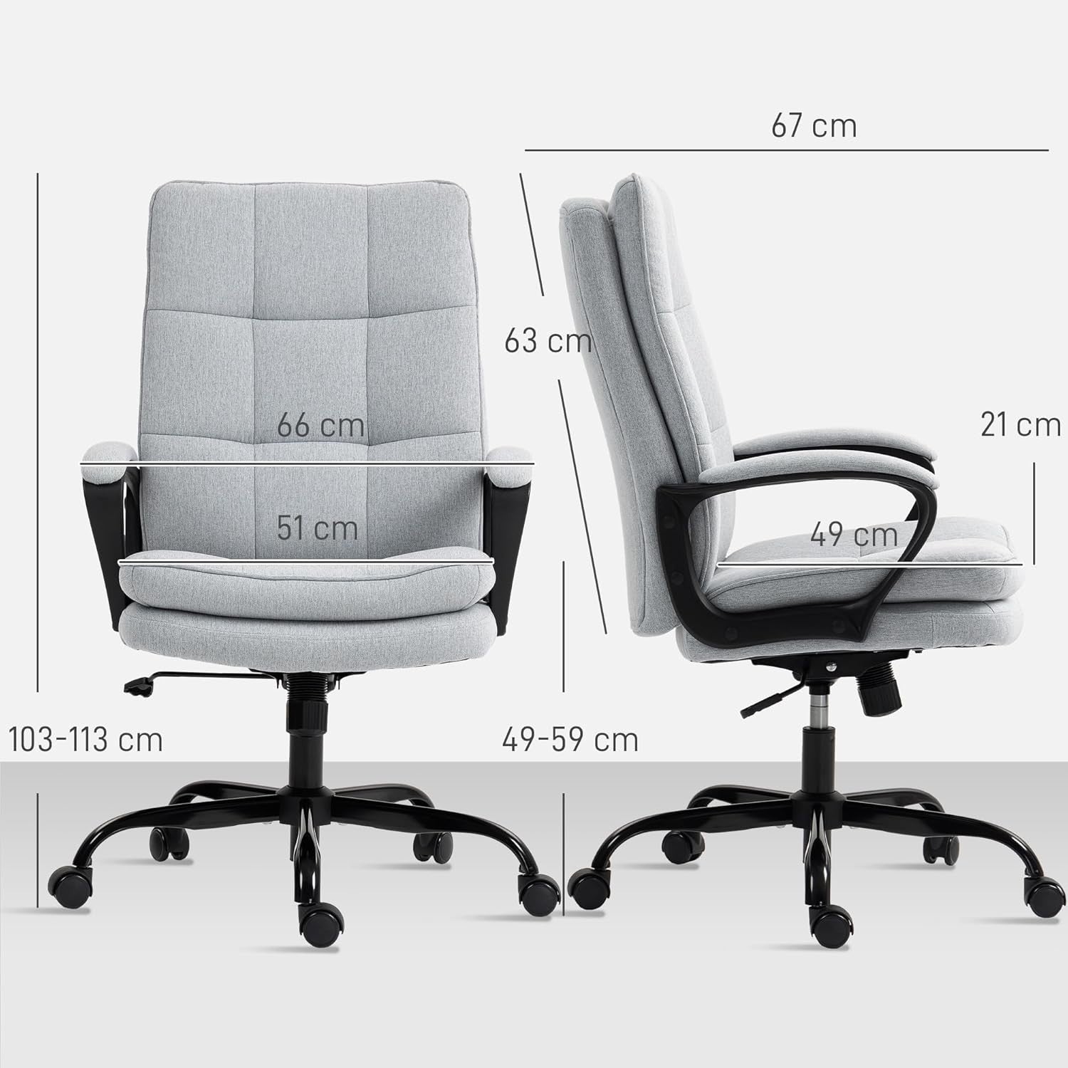 Office Desk Chair High Back Padded Linen Swivel Adjustable Tilt Wheels Grey