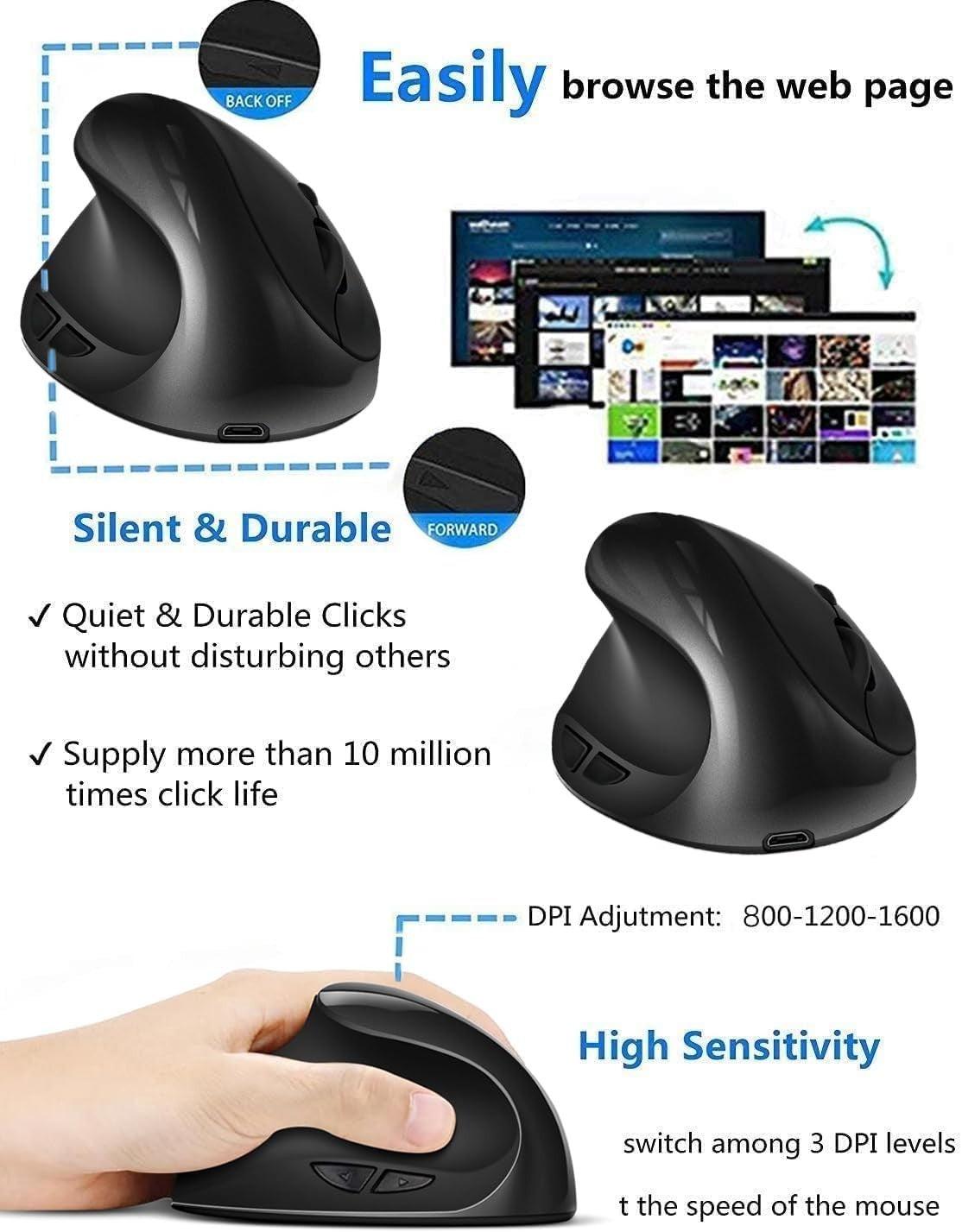 Left Handed Vertical Ergonomic Mouse Wireless 1600 DPI Rechargeable