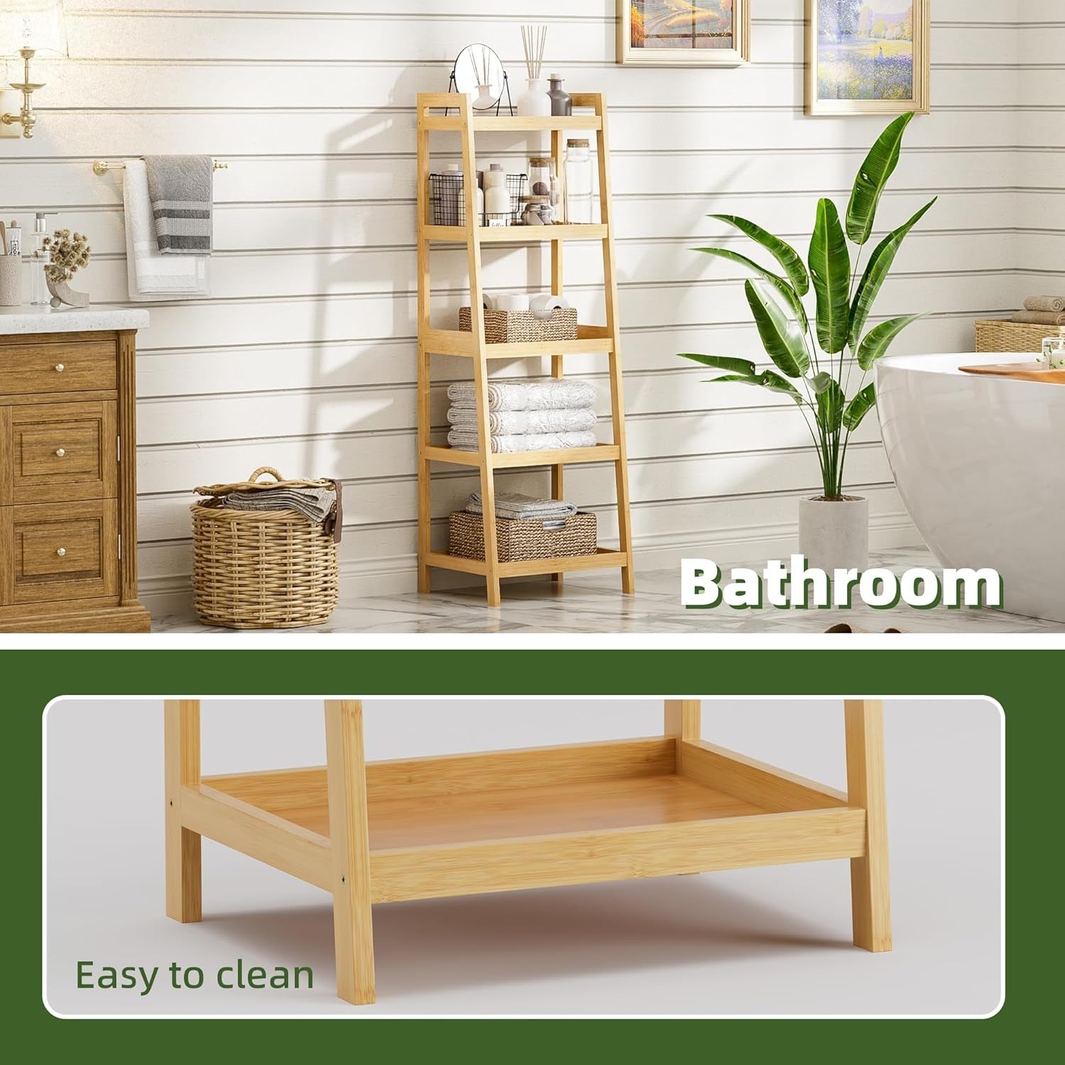 Natural Bamboo 5-Tier Ladder Bookcase, Tall Narrow Display Storage Shelf