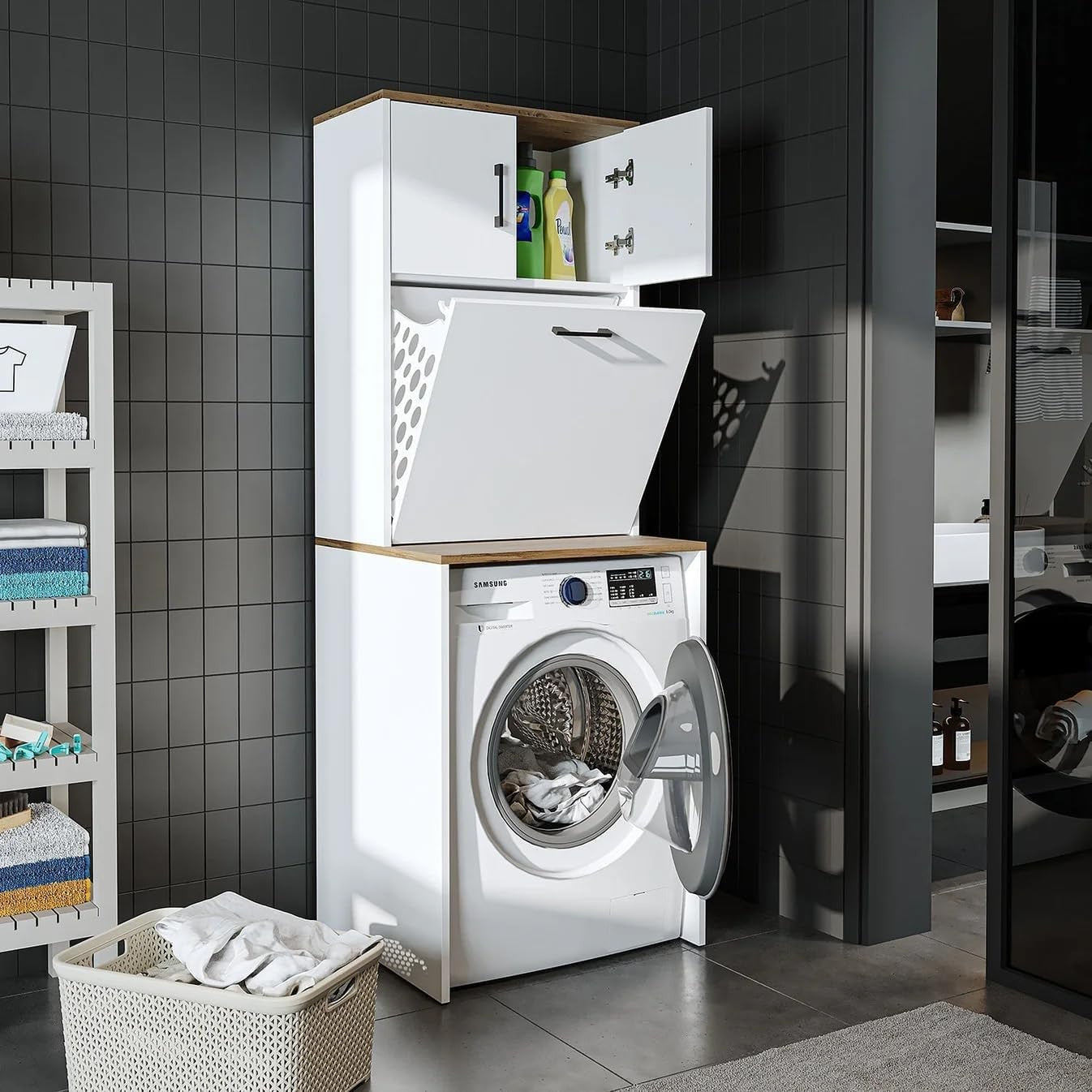 White Oak Washing Machine Cabinet with Laundry Basket & Storage Cupboards 180cm