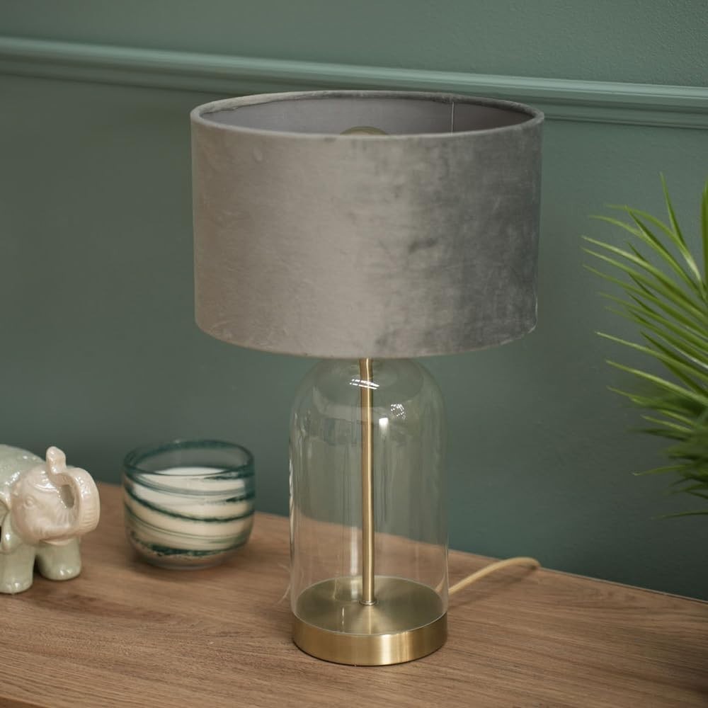 Gold Glass Table Lamp Grey Velvet Shade Bedside Desk Light Bulb Included
