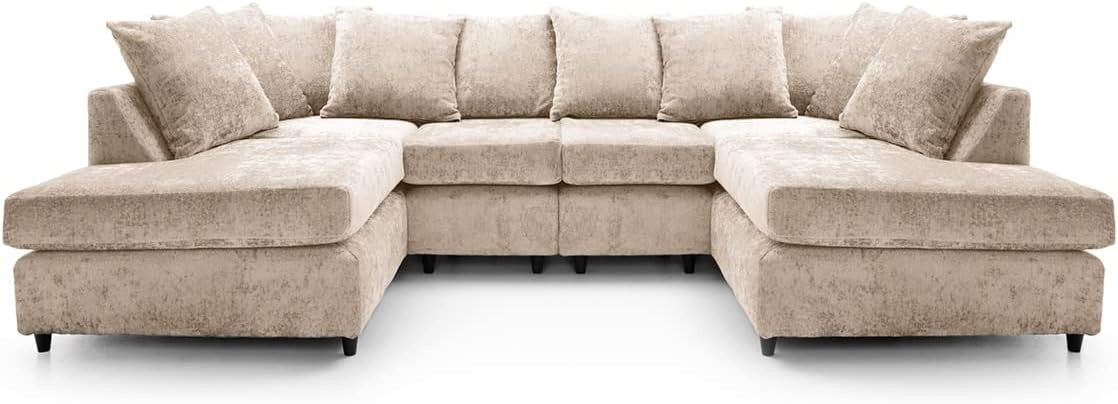 U-Shaped Sofa Cream Chenille w/ Cushions + Footstool | 280x164x90cm Modern