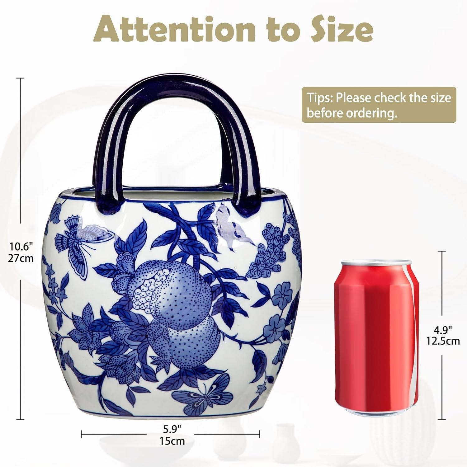 Blue White Ceramic Flower Vase Handbag Style Chinoiserie Table Decor 27cm