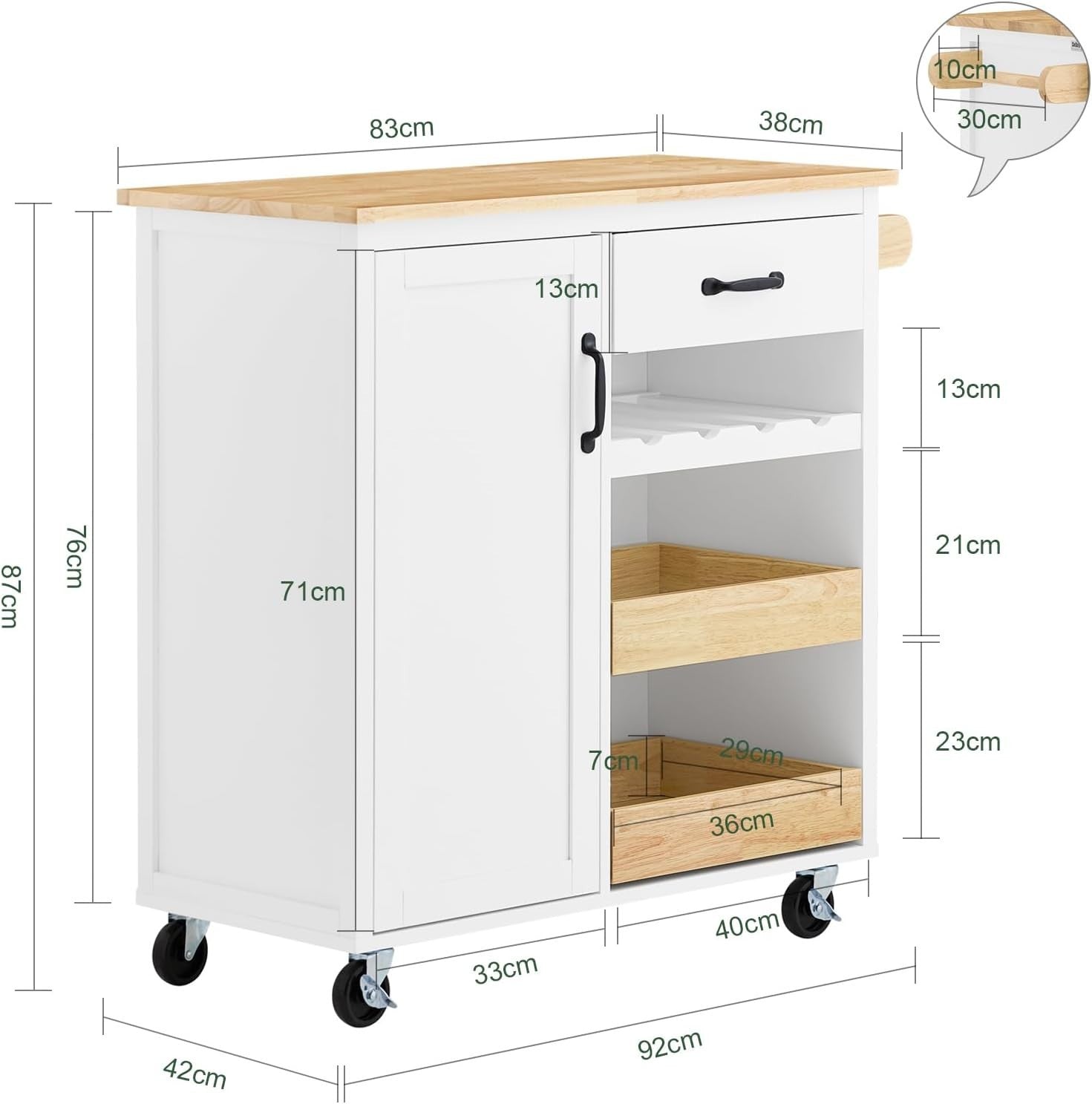 Rolling Kitchen Island Cart with Rubberwood Top, Storage & Locking Wheels, White