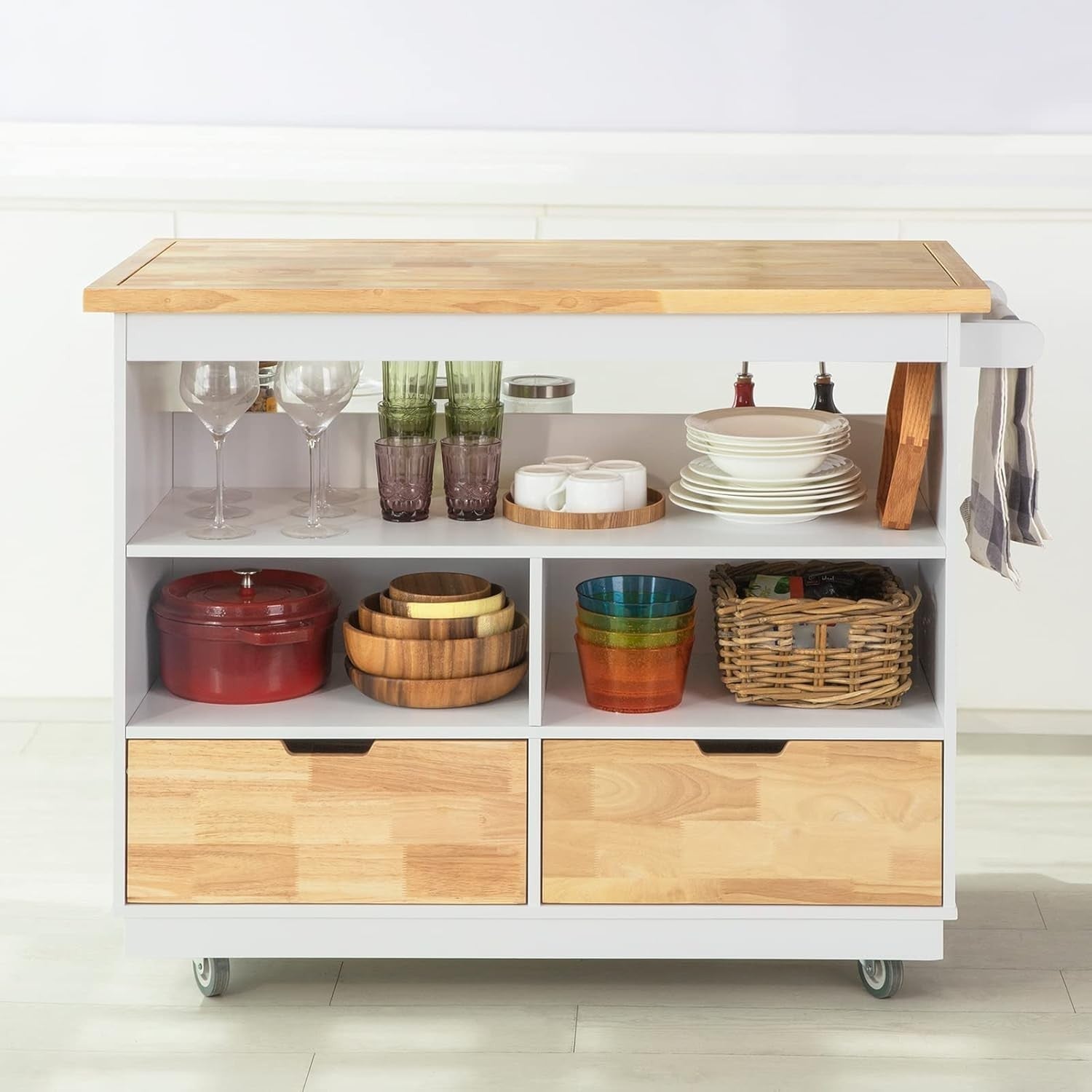 Kitchen Storage Trolley Island with Rubber Wood Worktop, Drawers & Wheels, 118x5