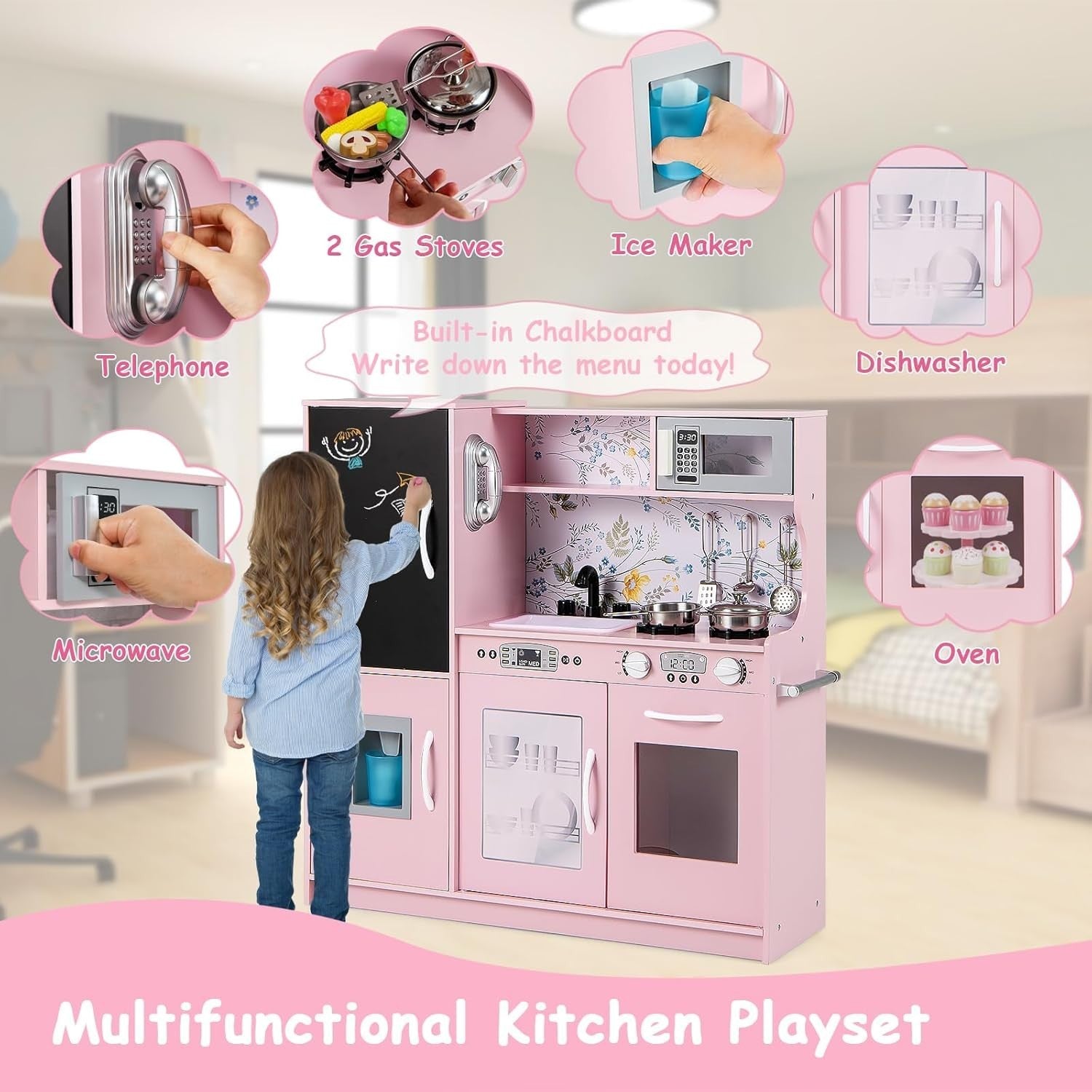 Kids Wooden Play Kitchen Pretend Cooking Set Microwave Ice Maker Pink