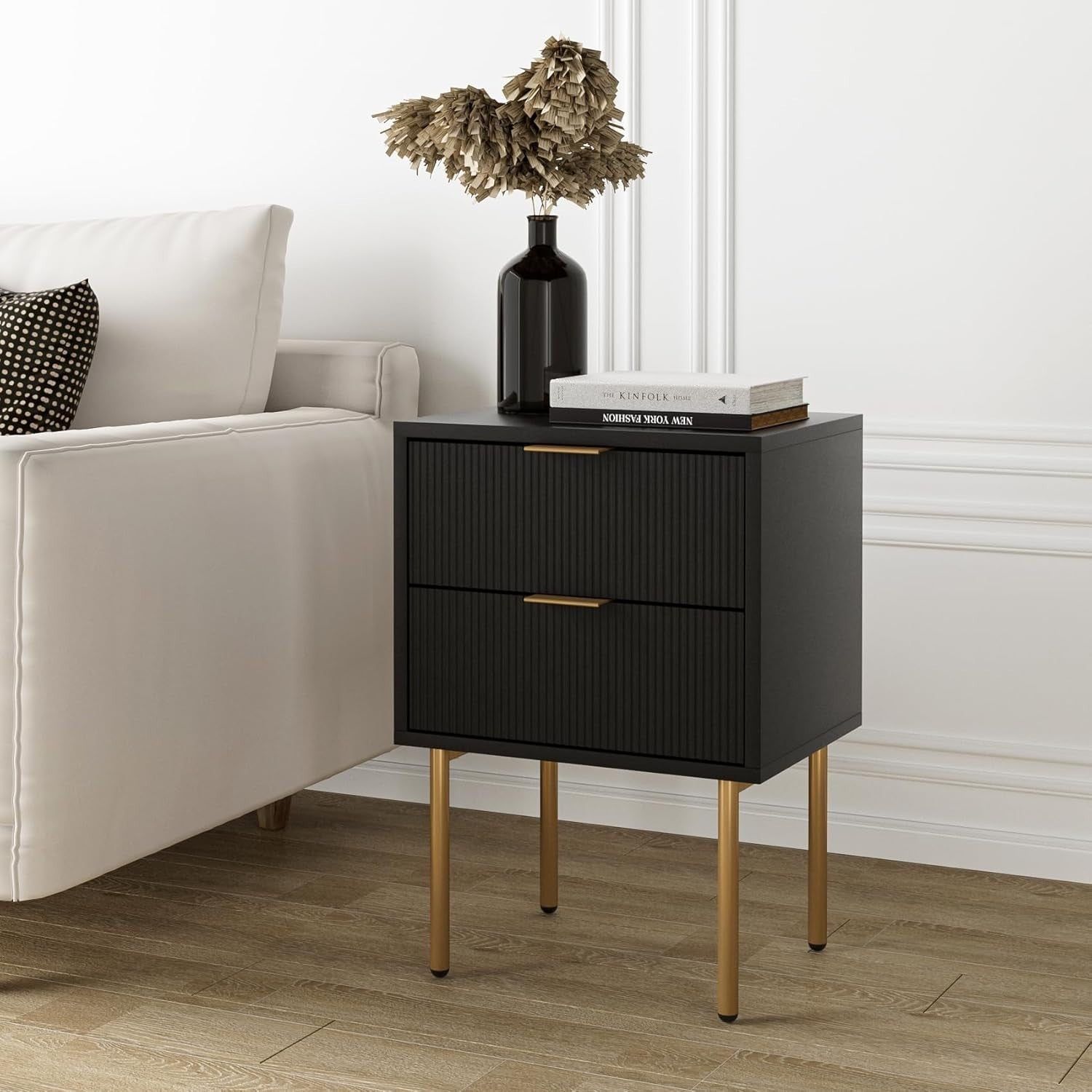 Modern Black Bedside Table with Gold Legs | 2 Drawer Nightstand