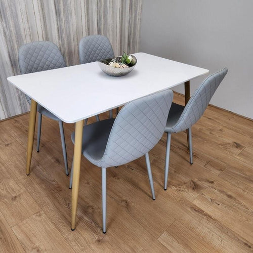 White Dining Table Set with 4 Grey Quilted Chairs – Modern Kitchen Set