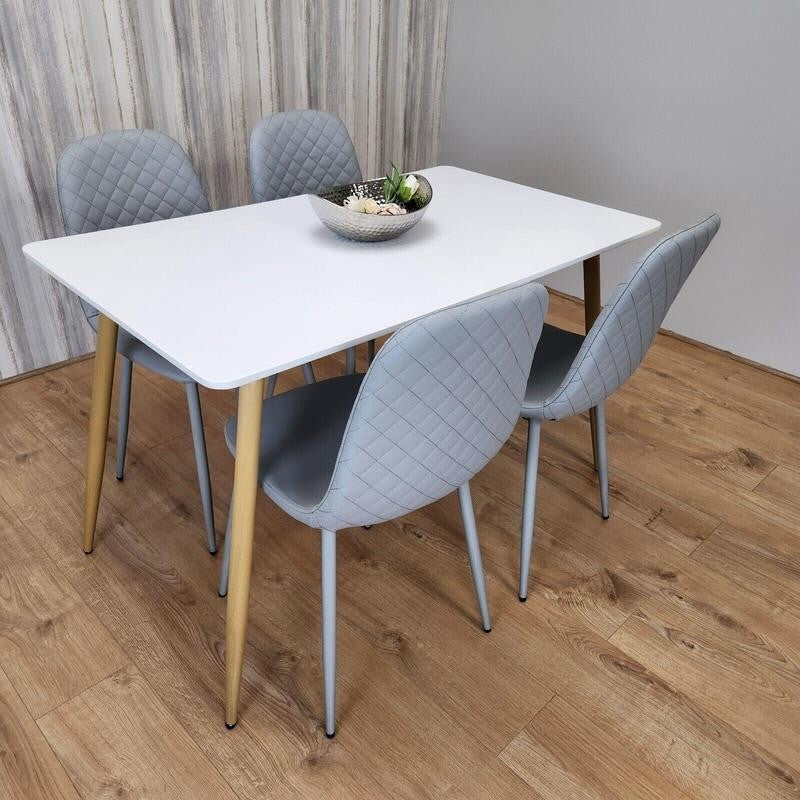 White Dining Table Set with 4 Grey Quilted Chairs – Modern Kitchen Set