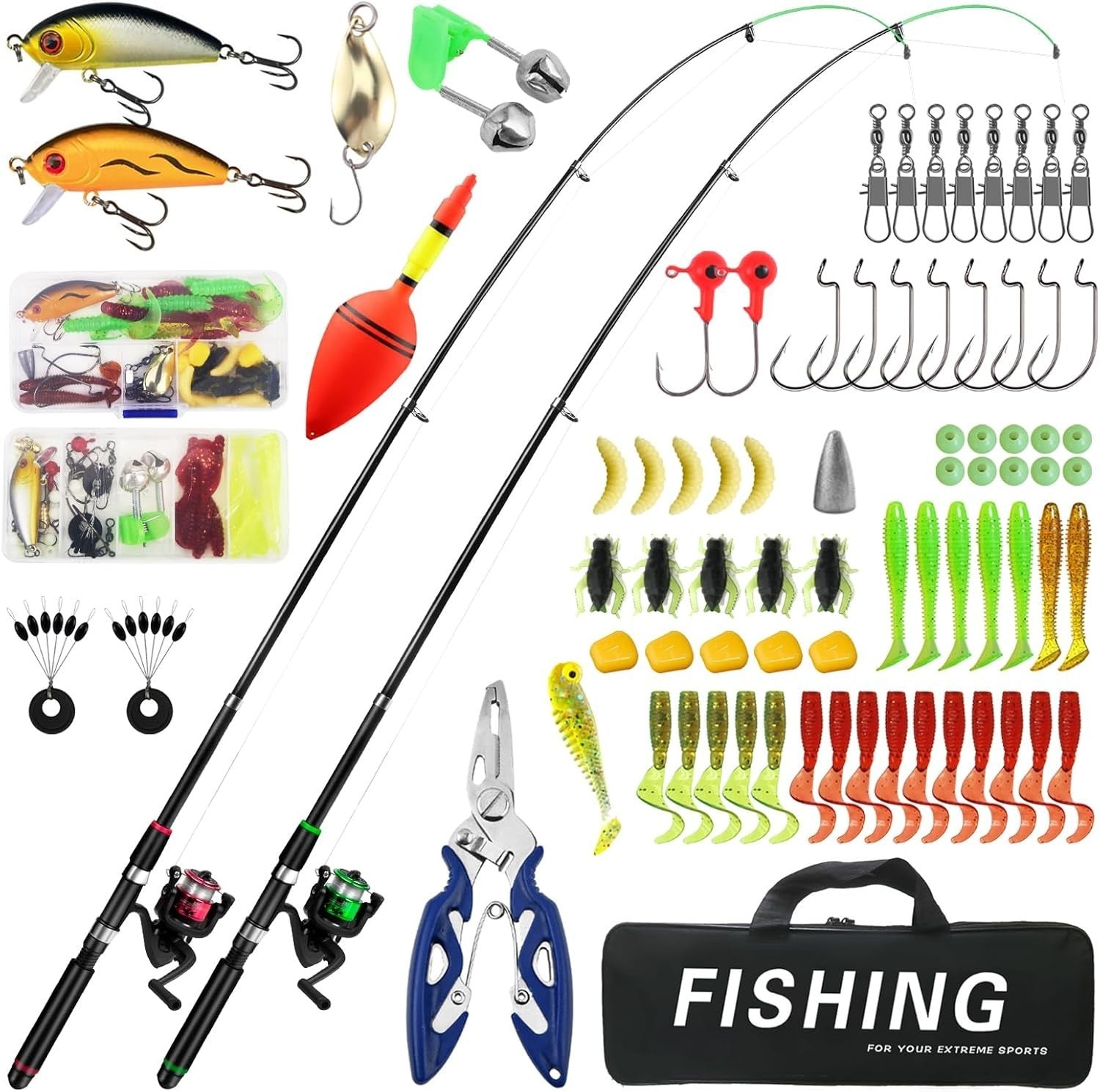 Kids Fishing Rod Set of 2 Telescopic Spinning Combo with Reel Lures Bag 1.8M