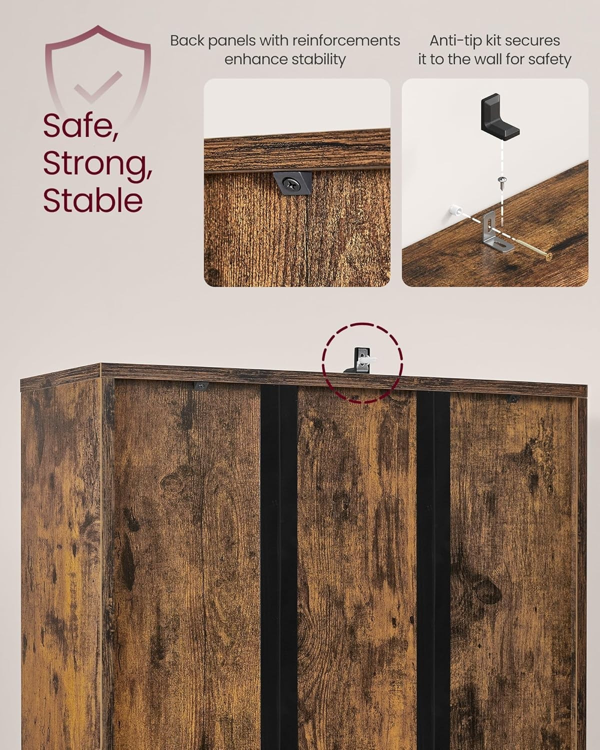 6-Tier Rustic Brown Bookshelf with Doors, Adjustable Shelves, 24x60x175 cm