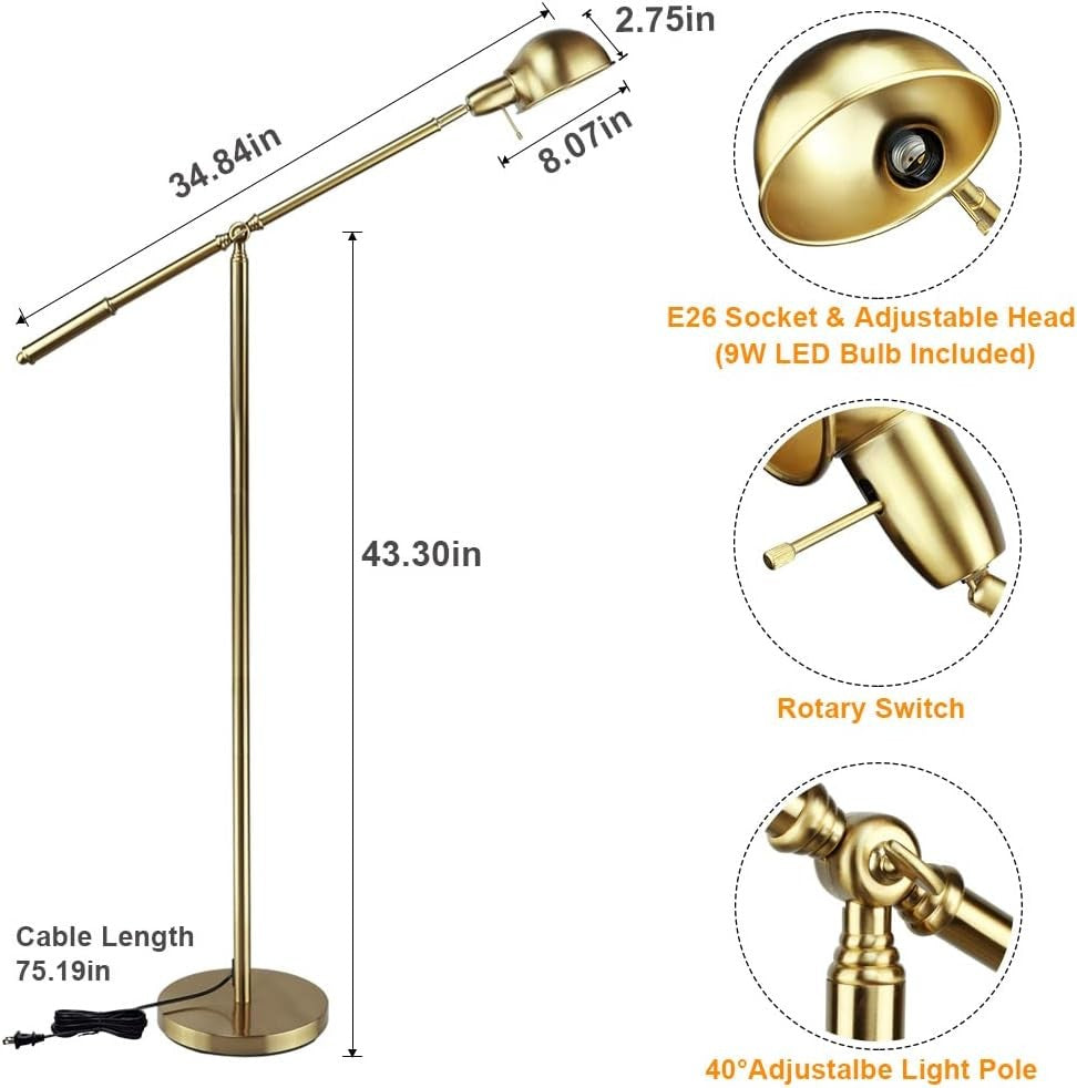 Adjustable Swing Arm Floor Lamp Gold Modern Reading Light Living Room Office