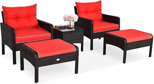 5PC Brown Red Outdoor Rattan Garden Sofa Set w/ Cushions & Glass Table