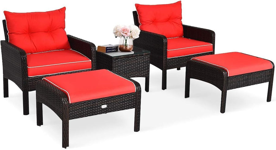 5PC Brown Red Outdoor Rattan Garden Sofa Set w/ Cushions & Glass Table