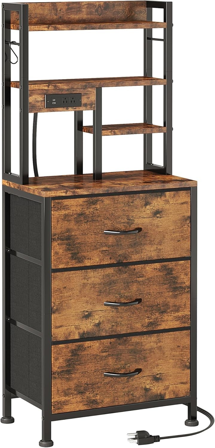 Tall Bedside Table with LED Lights Charging Ports Drawers Shelves Rustic Brown